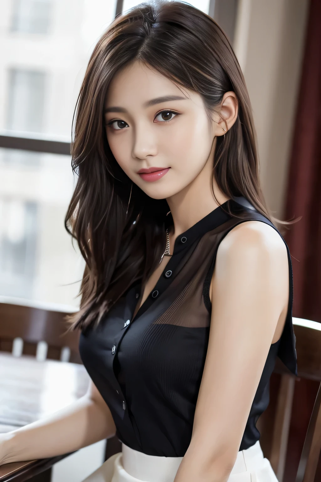 Tabletop, highest quality, Realistic, Very detailed, finely, High resolution, 8k wallpaper, One beautiful woman,, Light brown messy hair, He is wearing a black see-through dress shirt with an open collar....., Sharp focus, Perfect dynamic composition, Beautiful and detailed, Thinning hair, Detailed Realistic skin texture, smile, Close-up portrait, Model Body Type、president'secretary、mini skirt、High heels、