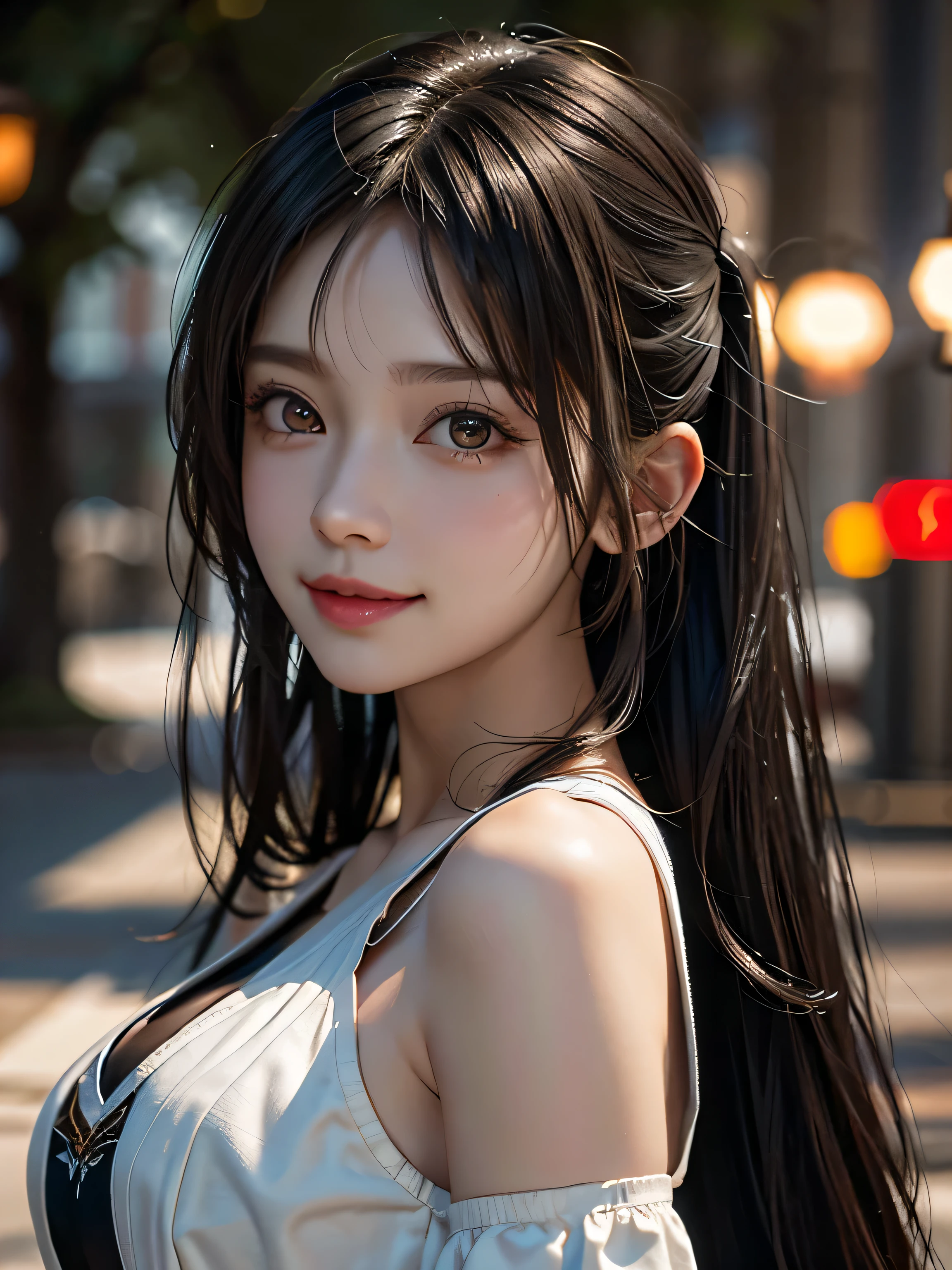 {Masterpiece, highest quality, 8k resolution, Ultra fine, Sharp focus, Depth of written boundary, Cinematic Lighting, Realistic Shadows}, Ultra-realistic, Beautiful black-haired girl, Pigtails, Facing forward, smile, happiness, White blouse, Beige long skirt, A brown pouch is hanging from her shoulder., garden, Upper Body