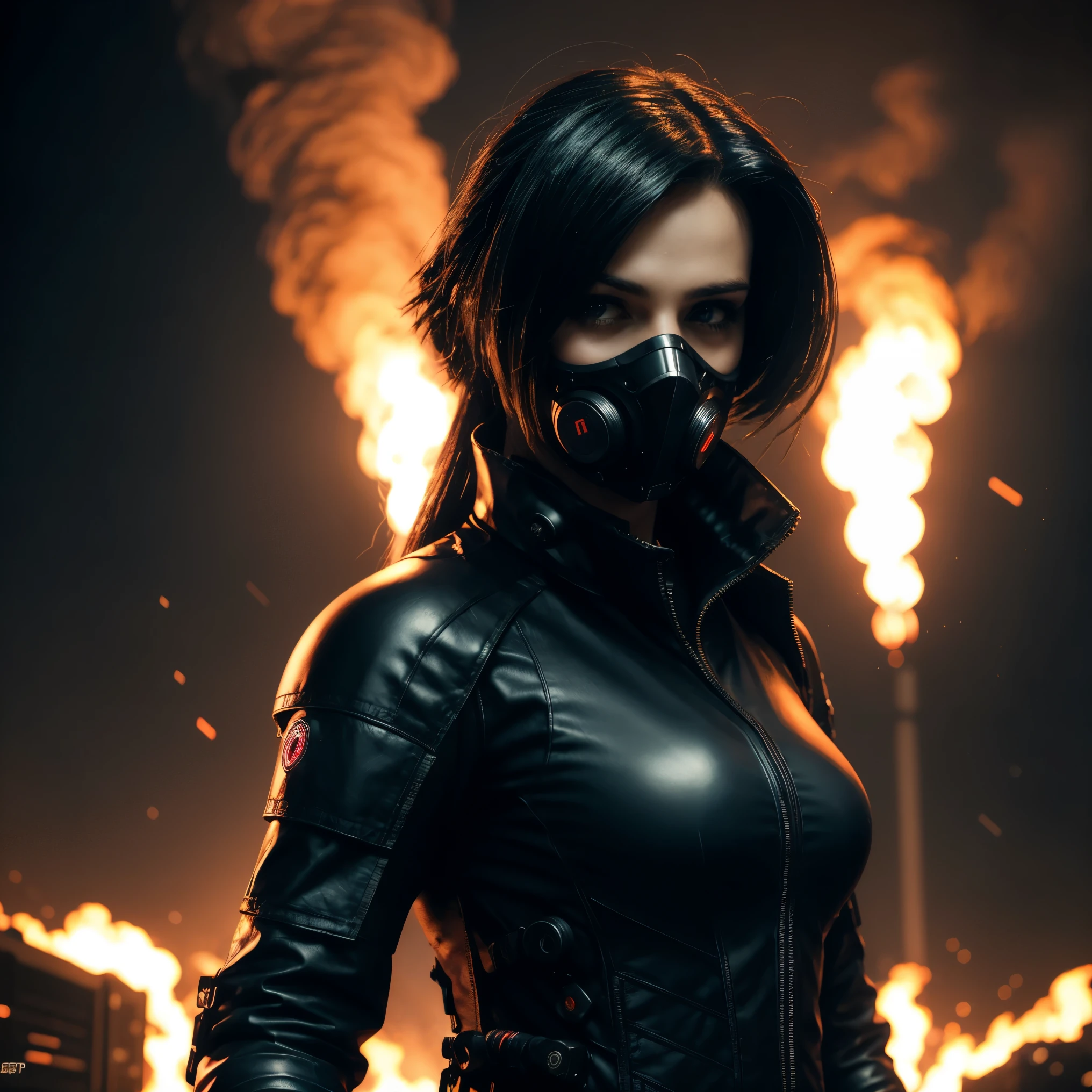 ((Realistisch, best quality, Meisterwerk: 1.3)),  cyberpunk woman with cyberpunk mask, cyber suit, close up face, white hair, gasmask, dark atmosphere, cyberpunk city background, movie poster, cd cover, cinematic view, inferno, fire, sparks, smoke, upper body, dark, apokalypse, hell, explosions, album cover look, neon lights light effects, 