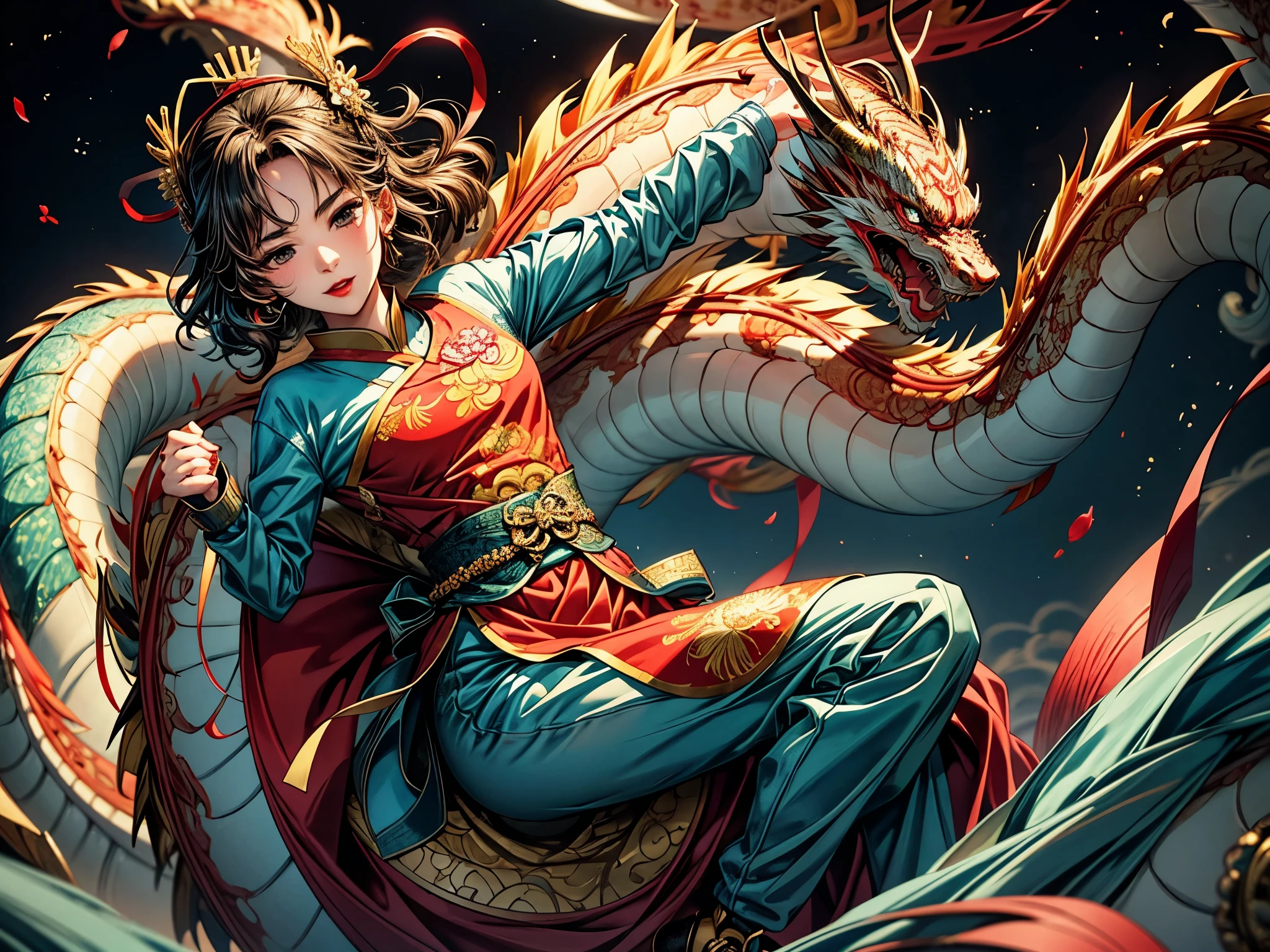 {{{{{illustration}}}}},author：Yuko Shimizu,1 Girl,Chinese dragon,Chinese Girl,female focus on, {{Colored ink drawing}},{{Ink splash}},{{Splash of Color}},{{{rich and colorful}}},{{sketch}}, masterpiece,best quality, Beautiful painting,Very detailed,