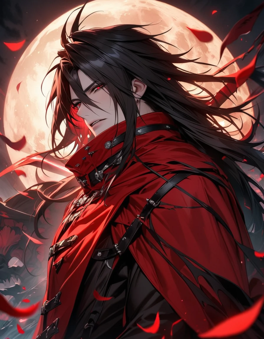 absurdres, highres, ultra detailed, HDR, master piece, best quality, Vincent Valentine, long black hair, Final Fantasy Dirge Of Cerberus, expressive red eyes, solo, sexy man, handsome, moon, red lilies, red petals