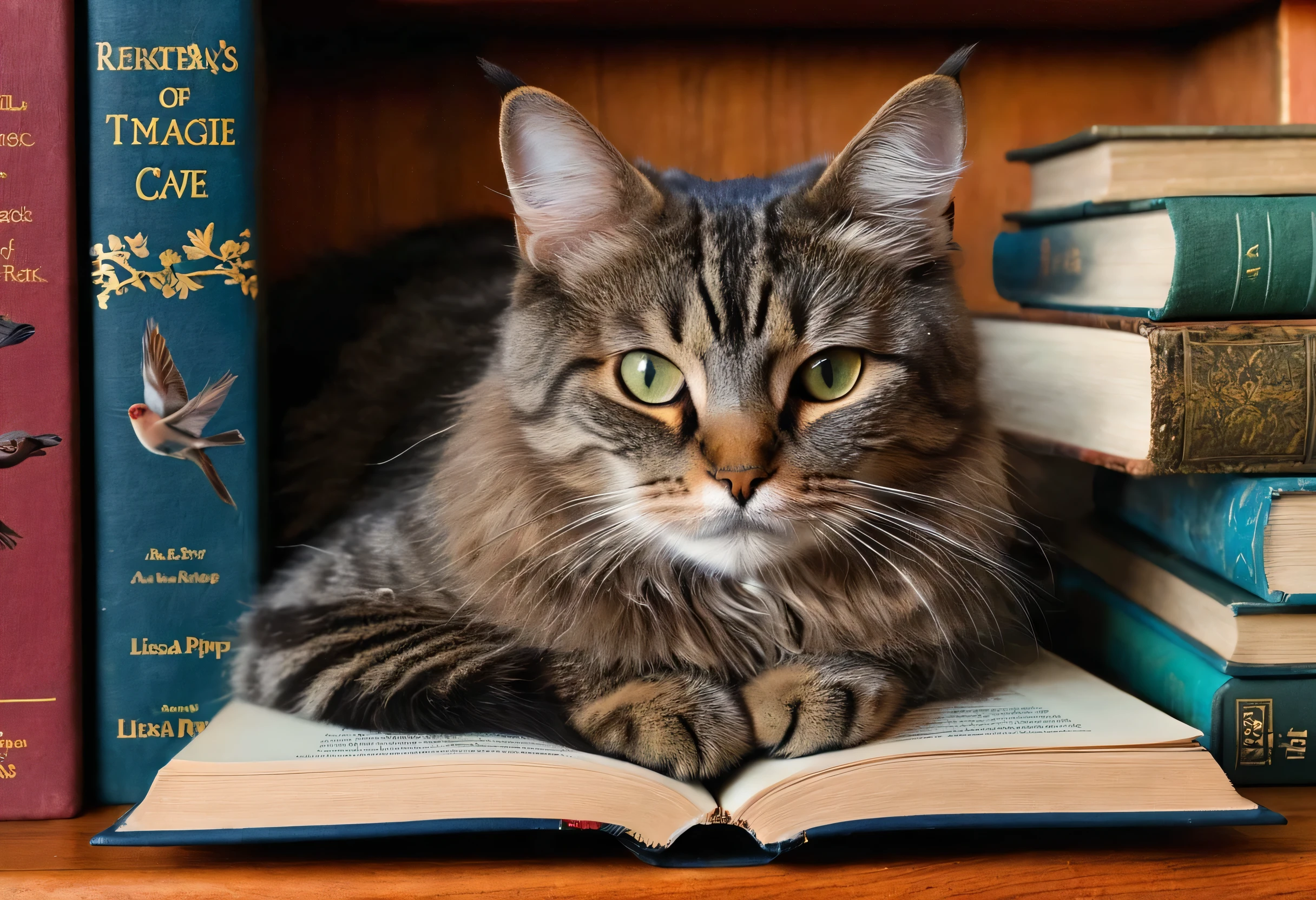 a close up of a cat laying on a Bookshelf with birds, There is a book next to the cat, filled with books, There are books all over the place, Curled up in a book, Book Plunder, Library of Magic, Lisa Parker, Book Cave, Written by Jean Kipp, Bookshelf, The art of books, Bookshelf, Cat masterpiece, Intelligent cat, librarian