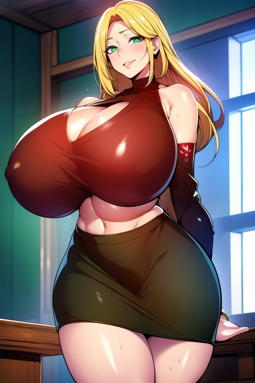 An anime-style artwork depicting Kousaka Shizuru from the game Honkai star rail.
Tags: Kousaka Shizuru, anime, detailed eyes, detailed lips, ass, bare shoulders, (blonde hair:1.4), (sweater:1.1), cleavage, pencil skirt, miniskirt,curvy, thighs, higheels, shiny clothes, skin tight, cleavage, long hair, solo, huge breasts, (green eyes:1.1),, smiling expression, intense gaze, dynamic pose, indoor, palace, vibrant colors, digital art, high-resolution, professional quality, gigantic breasts, (underboob : 1.4), curvy, cowboy shot, (gigantic breasts: 1.4),