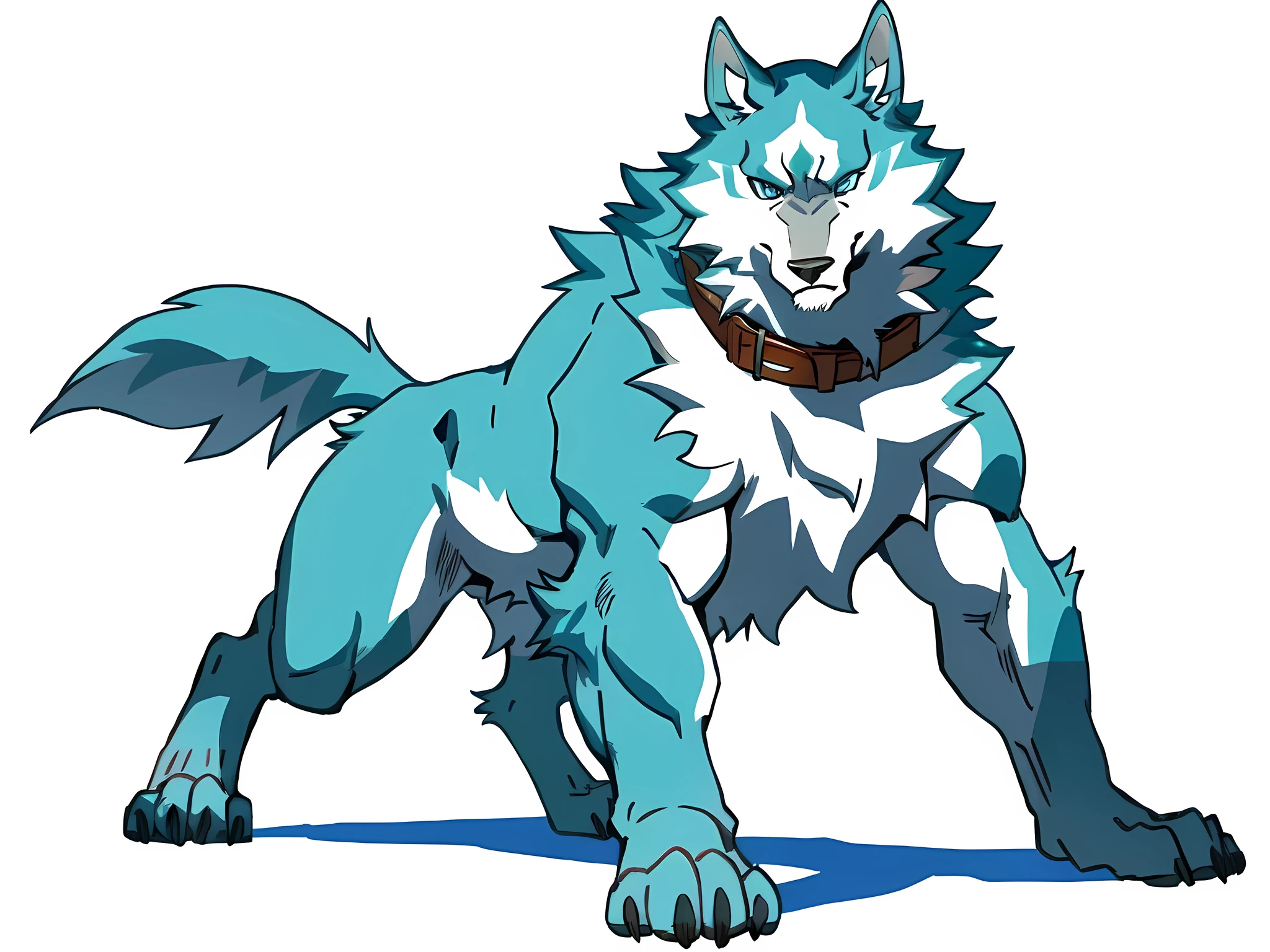 shirou_ogami, shirou_BNA, masculine, male, quadruped, feral, very muscular:2.0, correct anatomy, correct proportions, detailed face, high resolution, best quality, heavyweight, very defined muscles:1.5, pectorals:2.0, muscular forelegs, muscular hindlegs, wide chest, muscular chest:2.0, negger style, taran fiddler style, detailed eyes, ice blue eyes, white background, proud, stern expression, full body, wolf feet, big collar, detailed collar,