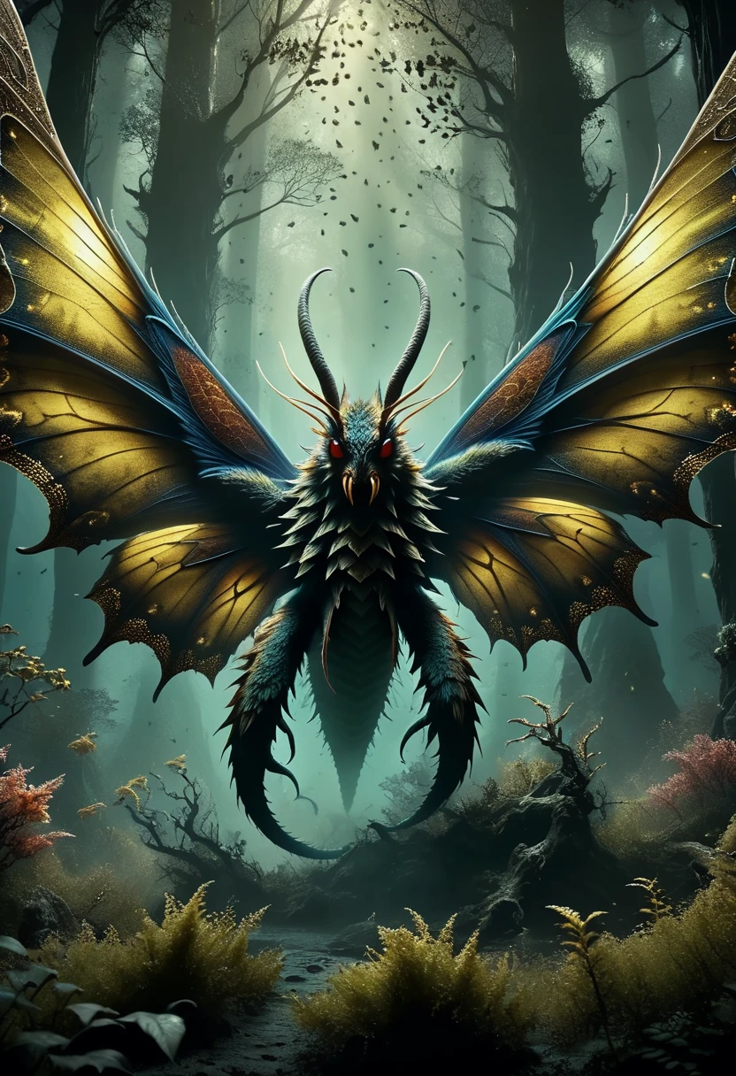 best quality,4k,8k,highres,masterpiece:1.2,ultra-detailed,realistic:1.37, menacing creature,monstrous, kaijulike, Kaiju-like,flying,moth-like,exquisite,poisonous,haunting,breathtaking design,intricate patterns,golden ratio composition,mysterious atmosphere,shadowy brilliance,dimly lit, intense focus on details,gloomy and enigmatic, vivid colors,vibrant hues,subtle shading,stark contrast, soft and diffused lighting,casting eerie shadows, (exquisite biome),dense putrid grove,mystical glow, imposing and menacing presence,nightmarish encounter,ominous aura,mystifying allure,venomous secretion, sinister vibration,spreading unease,inducing awe, magnificent creature,dark enchantment, gothic