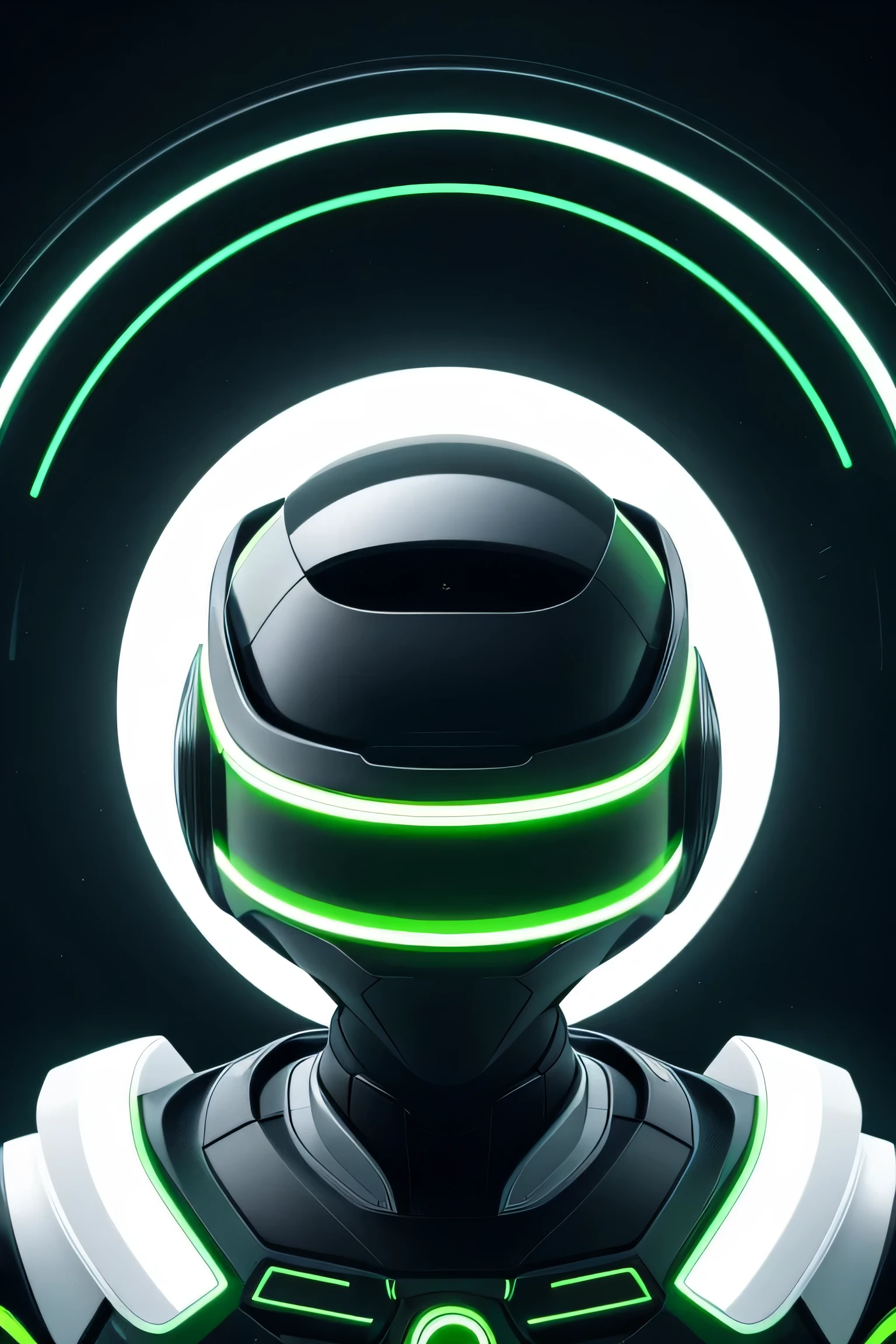 Not-human white robotic-style figure with a faceless person wearing white Virtual reality glasses is positioned to the left side of the image. With the face turned to the left. The background is black, emphasizing the contrast between the white figure and the surroundings. The image is of high definition, with an 8K resolution, ensuring the best quality and sharpness. Change to male figure Additional details: The figure has sleek and clean lines, giving it a futuristic and modern appearance. The VR glasses are reflective and add a sense of technology. The neon green perfect circle stands out, symbolizing a technological interface or a futuristic element. The black background creates a minimalist and mysterious atmosphere, highlighting the figure and the circle. The absence of facial features adds an element of anonymity and intrigue to the person. The image has a robotic-style aesthetic, with a focus on modern technology and a clean, minimalist design. Art style: POrtrait, Robotic-style, futuristic, minimalist. Color palette: The dominant colors in the image are white, and neon green. The white color represents the futuristic and clean aesthetic of the figure, while the black background adds contrast and mystery. The neon green color of the perfect circle adds a pop of vibrant color and emphasizes the technological aspect. Lighting: The image has a soft, ambient lighting that illuminates the figure and the perfect circle without casting harsh shadows. The lighting enhances the futuristic and sleek appearance of the figure and highlights the neon green color. Note: The prompt does not contain any punctuation or explanations and should be directly output as a Stable Diffusion prompt.