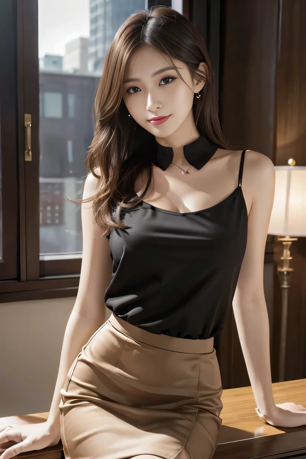 Tabletop, highest quality, Realistic, Very detailed, finely, High resolution, 8k wallpaper, One beautiful woman,, Light brown messy hair, He is wearing a black see-through dress shirt with an open collar....., Sharp focus, Perfect dynamic composition, Beautiful and detailed, Thinning hair, Detailed Realistic skin texture, smile, Close-up portrait, Model Body Type、president'secretary、mini skirt、High heels、
