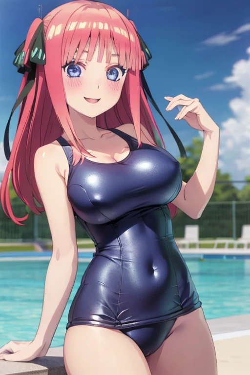 best quality, ultra-detailed masterpiece, anime art style, cute characters, nino nakano, one-piece swimsuit, large breasts, blush, smile