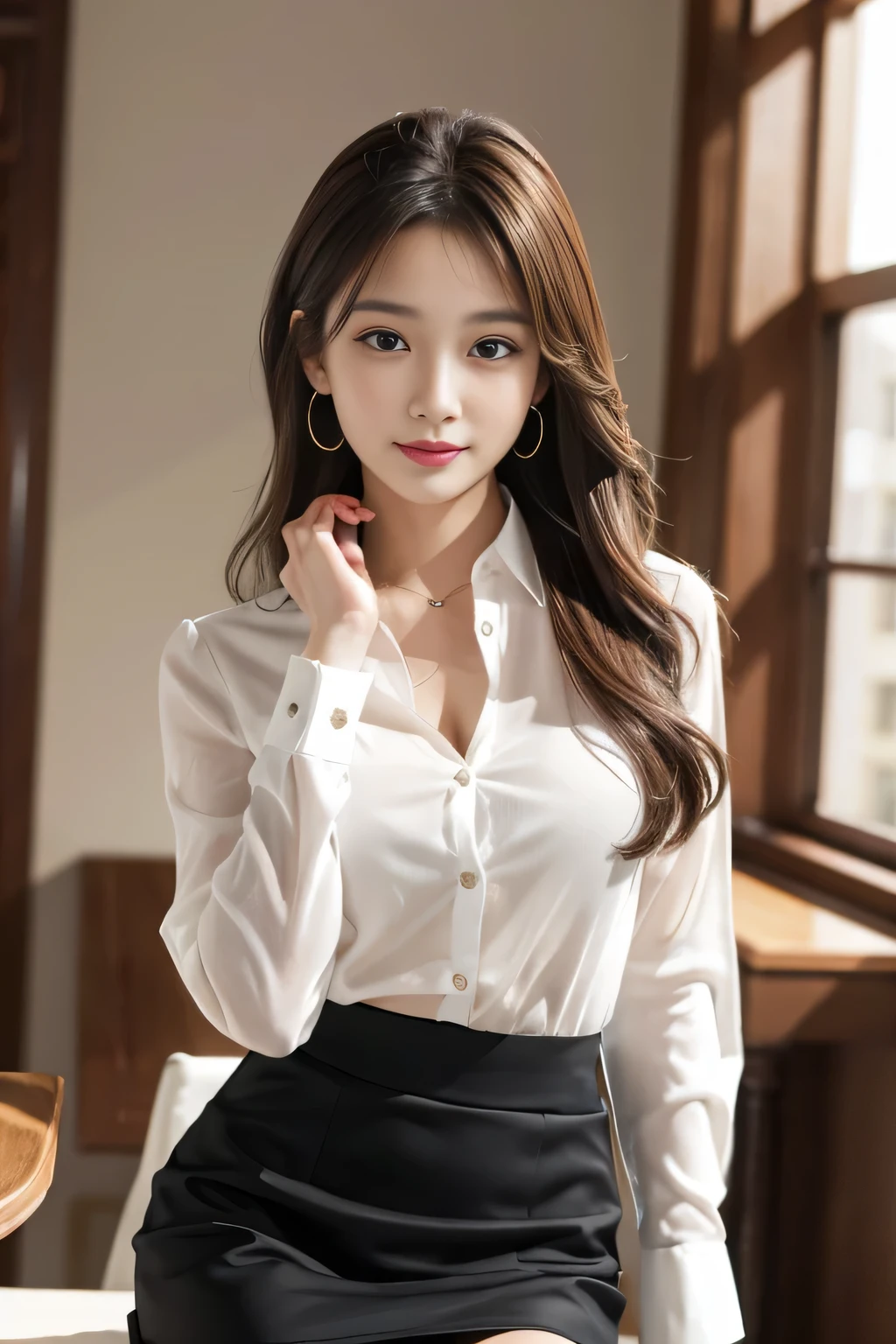 Tabletop, highest quality, Realistic, Very detailed, finely, High resolution, 8k wallpaper, One beautiful woman,, Light brown messy hair, He is wearing a black see-through dress shirt with an open collar....., Sharp focus, Perfect dynamic composition, Beautiful and detailed, Thinning hair, Detailed Realistic skin texture, smile, Close-up portrait, Model Body Type、president'secretary、mini skirt、High heels、