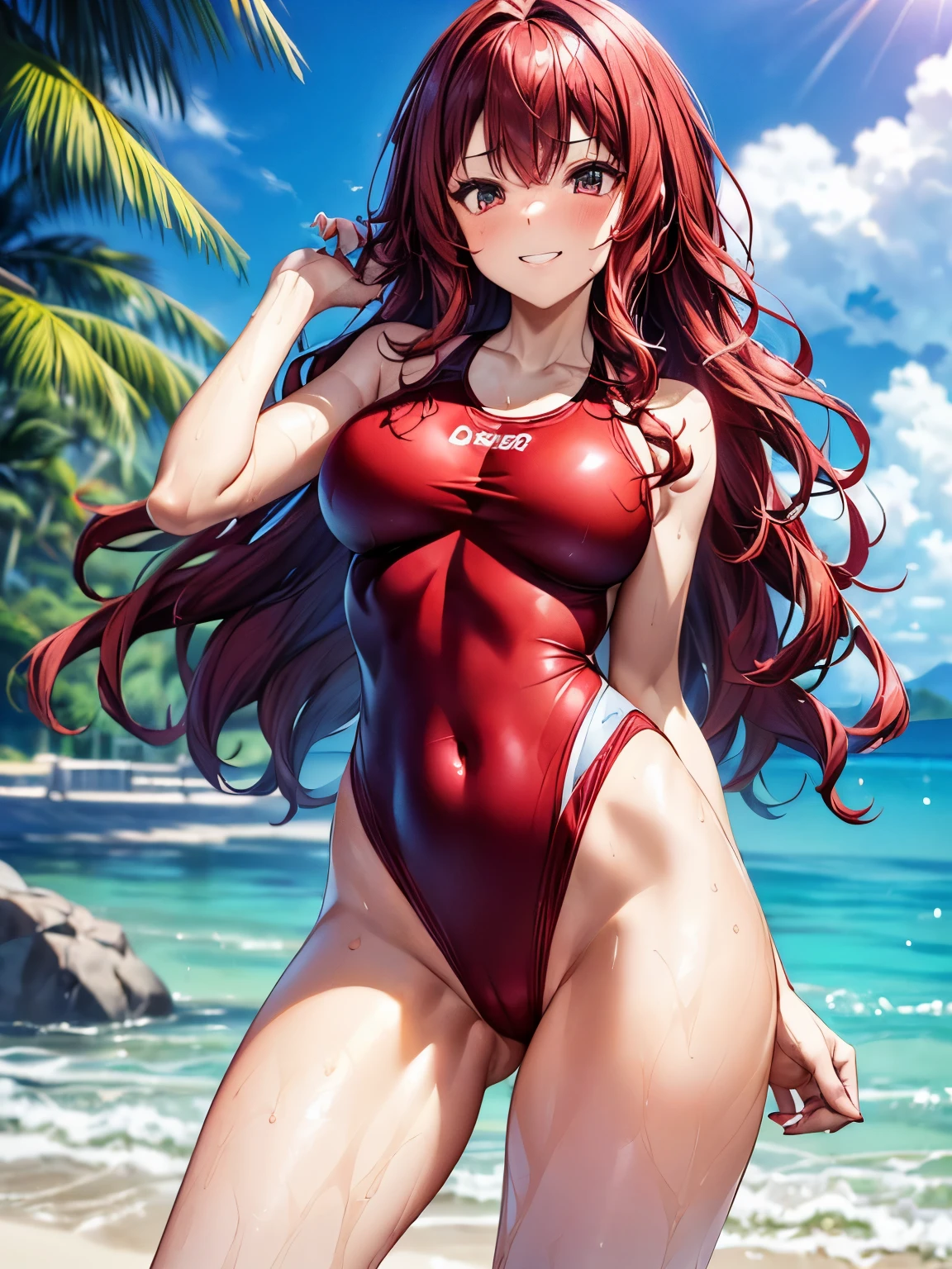 highest quality、Nice sexy body、One Woman、(solo)、((Beautiful busty woman:1.6))、(((Woman with dark red hair:1.3)))、Long hair woman、(((Woman with wavy hair:1.3)))、(((Woman in red competitive swimsuit:1.3)))、smile、Resort Beach、Light blue sea