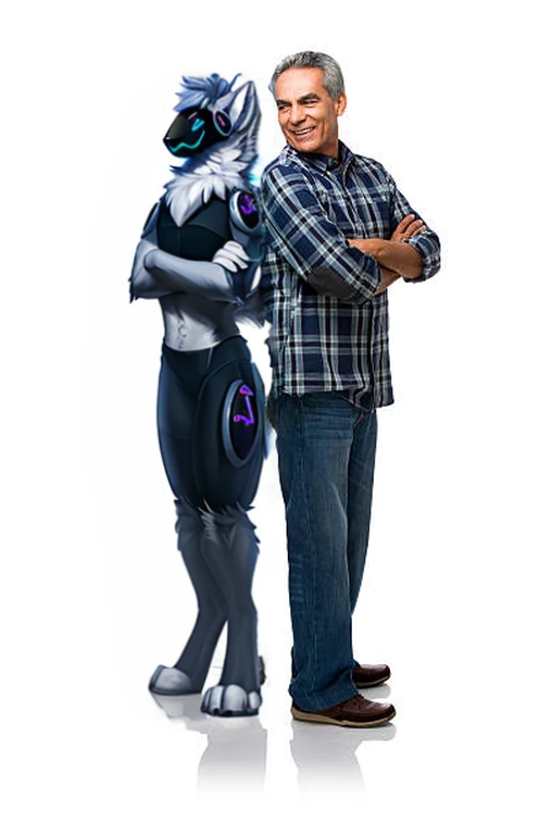 , (((white fur protogen standing back against the other person next to someone else with his hands crossed looking at the viewer))) , , day, sexy, , detailed, uploaded to e621, beautiful and detailed of an anthropomorphic white fur protogen, (((male ))) uploaded to e621, zaush, foxovh, movie lighting