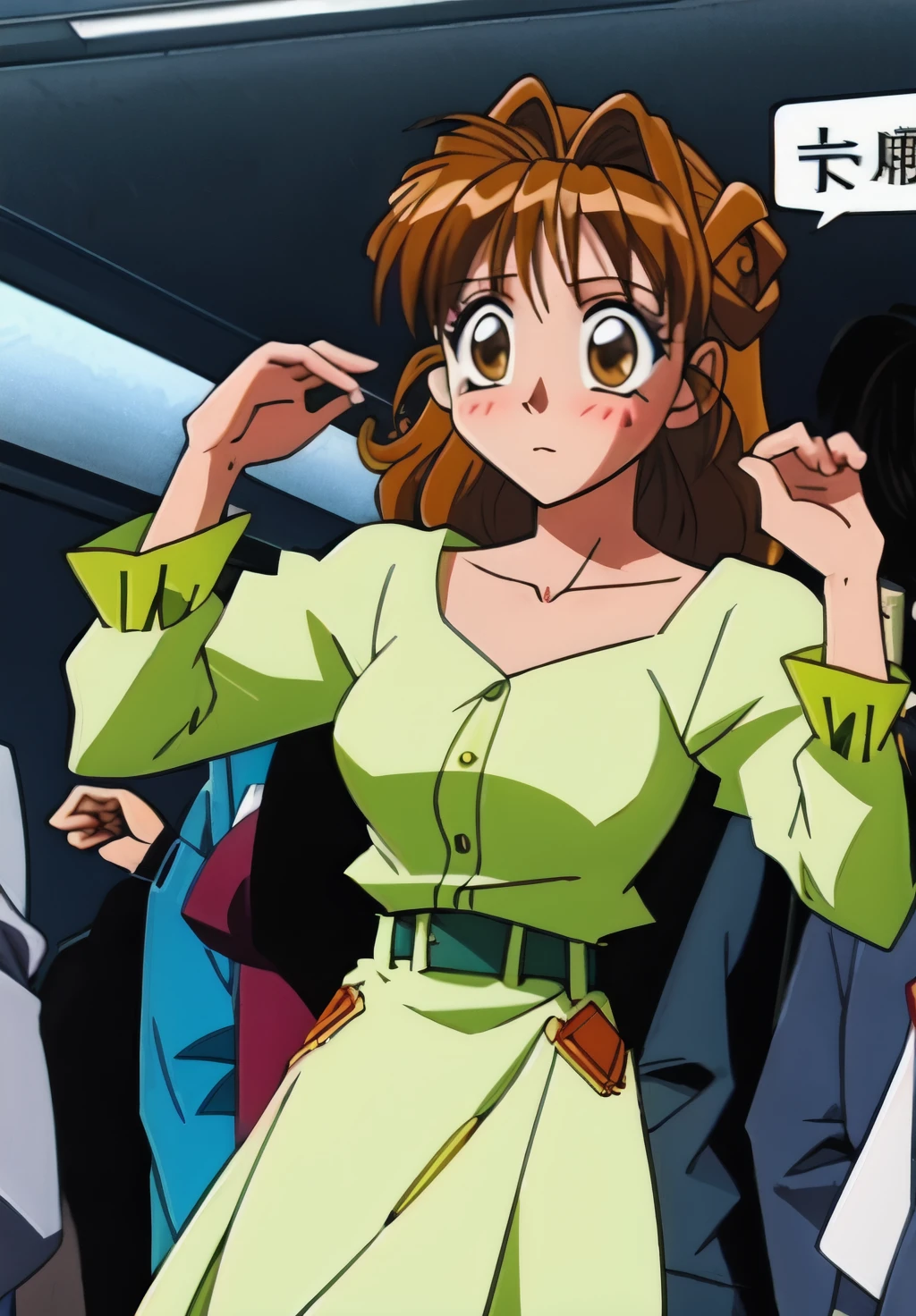 Maron,pupil_Brown,crowded train,blush,Embarrassing,shut up.,Maron is surrounded by men on the train,masterpiece, expensive quality, very_expensive_solve, big_file size, Full Color,