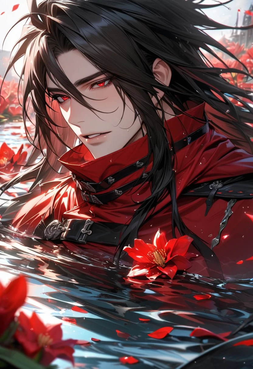 absurdres, highres, ultra detailed, HDR, master piece, best quality, extremely detailed face and eyes, Vincent Valentine, long black hair, Final Fantasy Dirge Of Cerberus, expressive red eyes, solo, sexy man, handsome, water around the place, red lilies, red petals