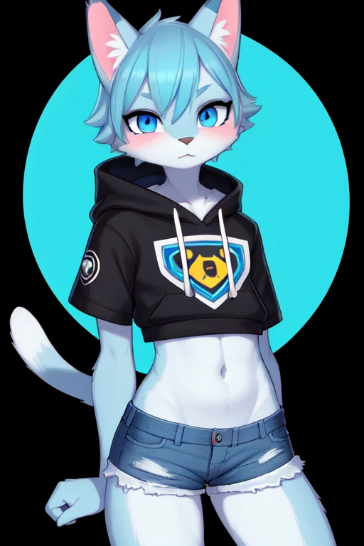 **Nombre del Personaje**: Max
**Especies**: anthropomorphic / Furry gato
**Pelaje**: Azul brillante azul fuerte  con acentos oscuros y amarillos
**expression**: Playful and energetic
**Vestimenta**: Sudadera amarilla  y negra y shorts negros
**Postura**: Completa, mostrando todo el cuerpo hombre,sexy
