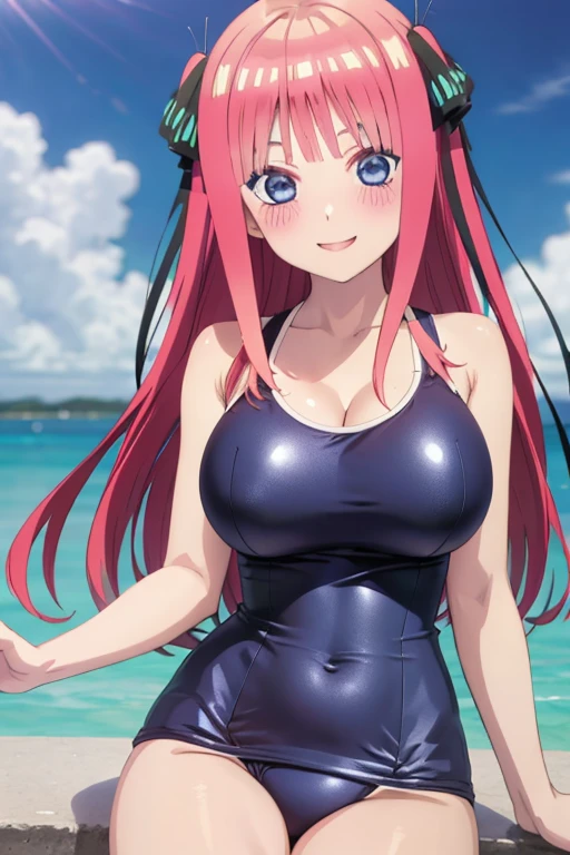 best quality, ultra-detailed masterpiece, anime art style, cute characters, nino nakano, one-piece swimsuit, large breasts, blush, smile