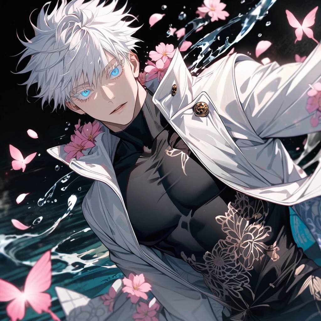 Ultra detailed, Highres, absurdres, Gojou Satoru, white hair with bangs, blue eyes, white eyelashes, white long coat with patterns, black hat, Jujutsu Kaisen, pink flowers, petals, extremely handsome, sexy man, toned chest, solo, very detailed eyes and face, black gloves, water, pink butterflies, black tight t-shirt,
