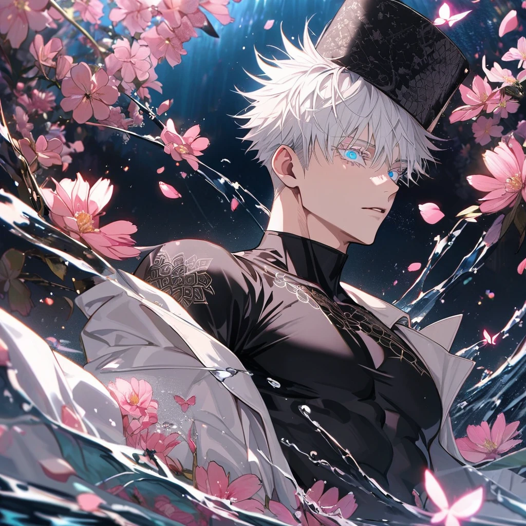 Ultra detailed, Highres, absurdres, Gojou Satoru, white hair with bangs, expressive blue eyes, white eyelashes, white long coat with patterns, Jujutsu Kaisen, pink flowers, petals, extremely handsome, sexy man, toned chest, solo, very detailed eyes and face, water, pink butterflies, black tight t-shirt,