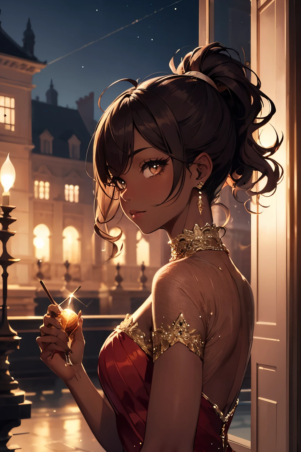 Dark skin girl with curly brown hair with side bangs and honey eyes wearing a beautiful sparkling red dress at a palace at night. Her hair is up in a classy ponytail