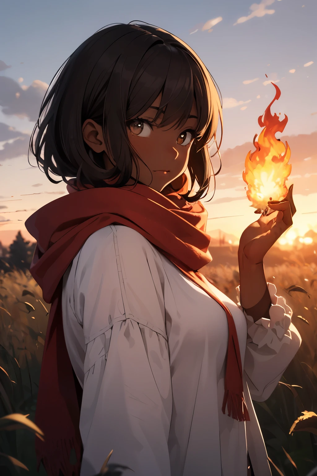 Dark skin girl with medium straight brown hair with side bangs and honey eyes with fire powers in a field at sunset. She is wearing a red scarf