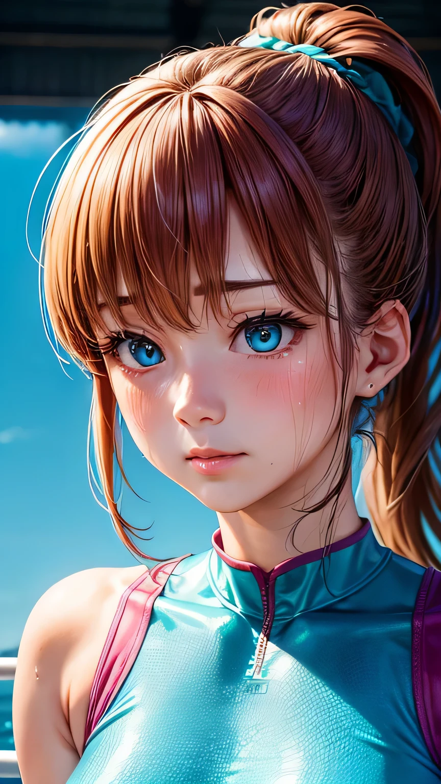 highest quality、Realistic、Women、Japanese、zoom、look up、cute、gym、Turquoise eyes、Chestnut Hair、ponytail、Bodysuits、leotard、Face close-up、Sweat、Gymnastics
