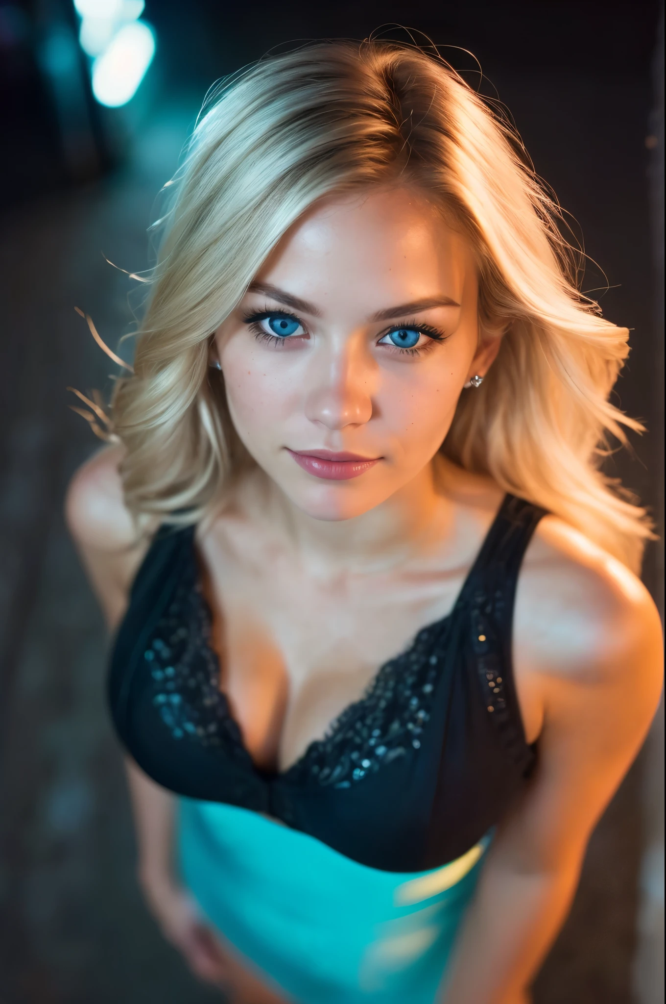 (selfie shot, from above:1.4), (half body postrait:1.4), RAW uhd portrait photo of a 24-year-old blonde (blue-eyed woman) walking down a dark alleyway, natural breasts_b, nighttime city background, (red sundress), (cleavage), detailed (textures!, hair!, shine, color!!, imperfections:1.1), highly detailed glossy eyes, (looking at the camera), specular lighting, dslr, ultra quality, sharp focus, tack sharp, dof, film grain, (centered), Fujifilm XT3, crystal clear, center of frame, cute face, sharp focus, street lamp, neon lights, bokeh, (dimly lit), low key, at night, (night sky) detailed skin pores, oiled skin, tan, intricate eye detail