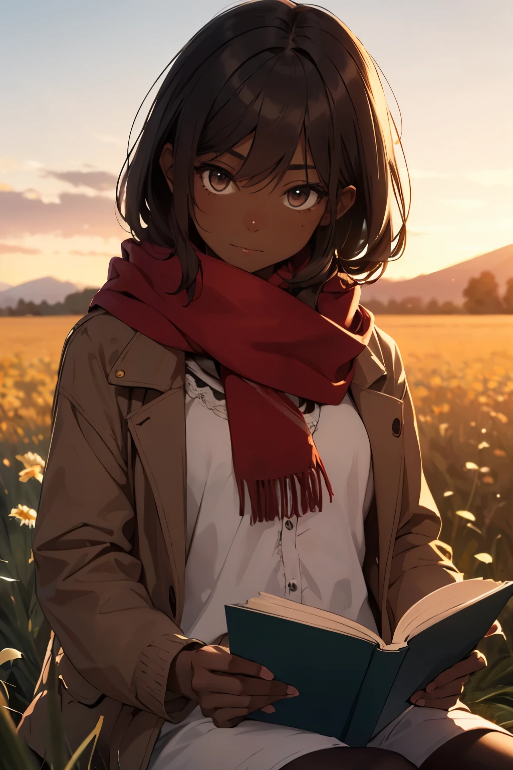 Dark skin girl with medium straight brown hair with side bangs and honey eyes reading in a field at sunset. She is wearing a red scarf