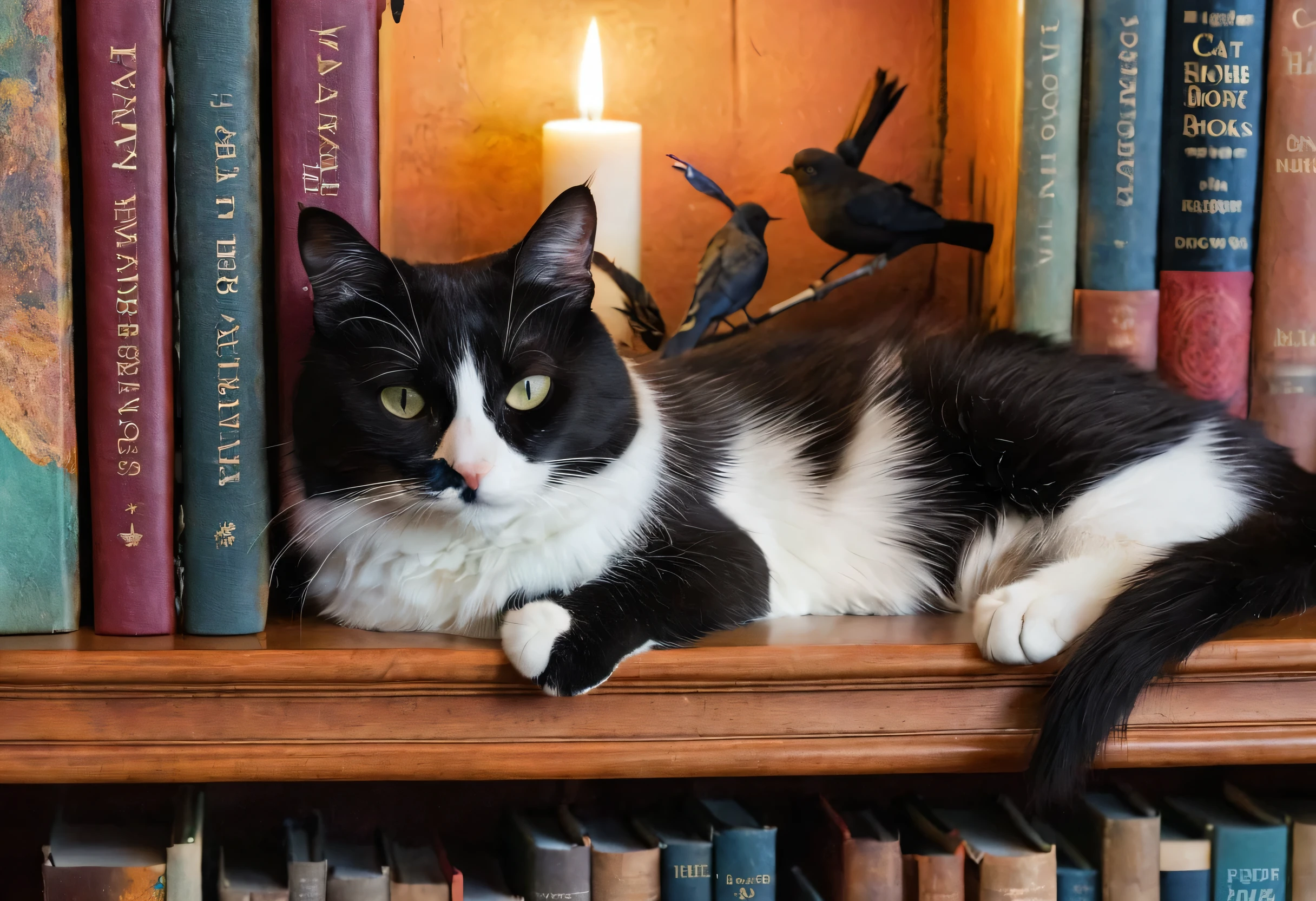 a close up of a cat laying on a Bookshelf with birds, There is a book next to the cat, filled with books, There are books all over the place, Curled up in a book, Book Plunder, Library of Magic, Lisa Parker, Book Cave, Written by Jean Kipp, Bookshelf, The art of books, Bookshelf, Cat masterpiece, Intelligent cat, librarian