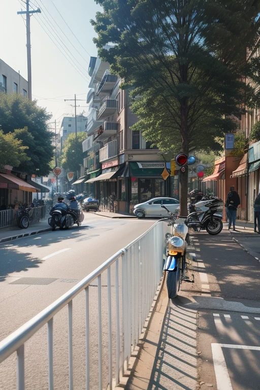 There is a motorcycle parked on the side of the road, Photos of city streets, Street Level Landscape, small town surrounding, city street view background, in the middle of the city, street top view, Photo showing, Shot with Leica SL2, Street corner, On the city streets, On the city streets, Shot with Nikon Z9