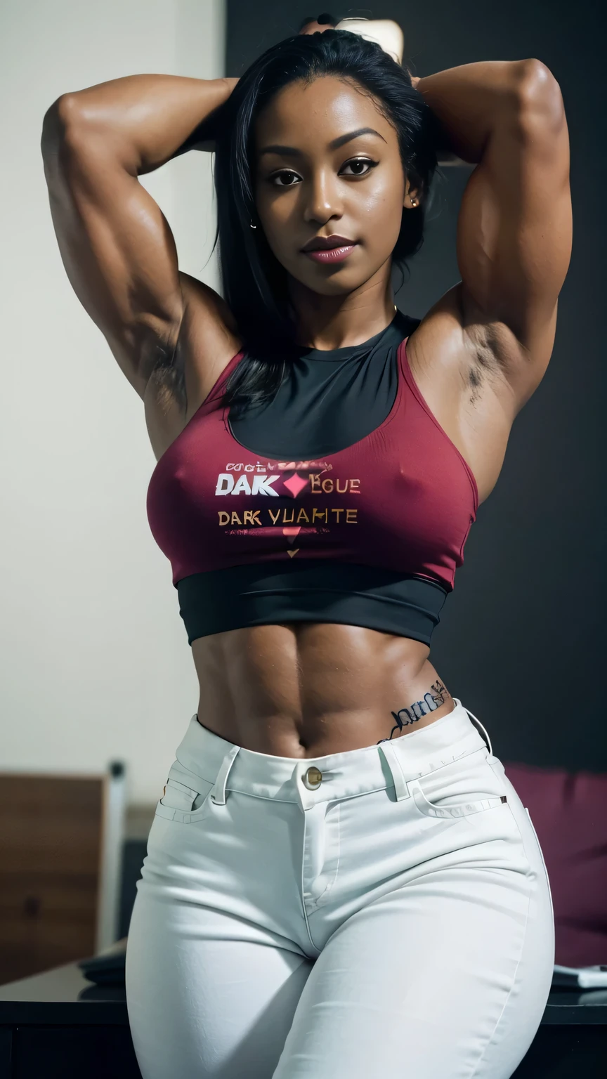 40 years old, gorgeous cute Brazilian girl, smirk, freckles, (dark skin:1.6),(arms up, hands behind head:1.5) a close up of a woman in red jeans posing for a picture, sexy girl,(muscular body:1.5) , sexy look, tight outfit, wearing a sexy cropped top,, intriguing outfit, tight attire, wearing a cute top, instagram model, sexy style, wearing tight simple clothes, curvy model, 38 years old, black top, sexy look at the camera, famous beautiful model, good young girl, (masterpiece:1.0),(best_quality:1.0), ultra high res,4K,ultra-detailed, photography, 8K, HDR, highres, absurdres:1.2, Kodak portra 400, blurry background, bokeh, lens flare, (vibrant_color:1.2),professional photograph, (the_tattoo:1.4), (beautiful_face:1.5),(narrow_waist).(perfect lighting:1.5)
