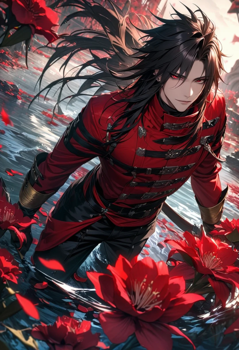 absurdres, highres, ultra detailed, HDR, master piece, best quality, extremely detailed face and eyes, Vincent Valentine, long black hair, Final Fantasy Dirge Of Cerberus, expressive red eyes, solo, sexy man, handsome, black pants, water, red lilies, red petals, red blossoms