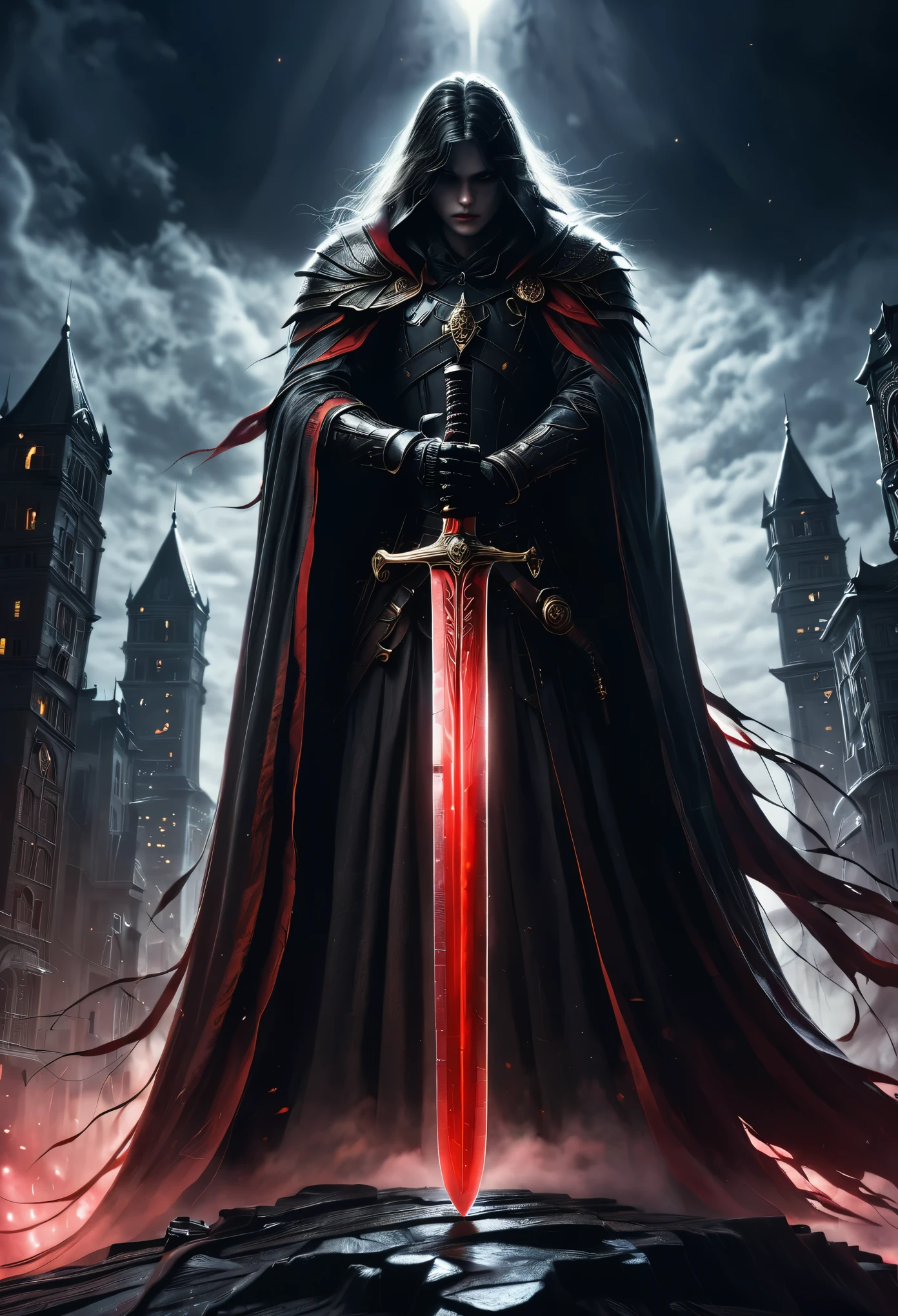 (masterpiece, best quality:1.2), High-rise buildings,Death on the Roof,Cloak,Holding a red long sword,moonlight,heavily clouded, Dark fantasy illustration style , dark arts, High contrast, Dark Shadows, atmospheric perspective, Melancholic colors, Thin Film Component, Volumetric Lighting, number, Brushstrokes, Dramatic Lighting, Low angle shot, Surrealism, Ultra Detailed, Surrealism