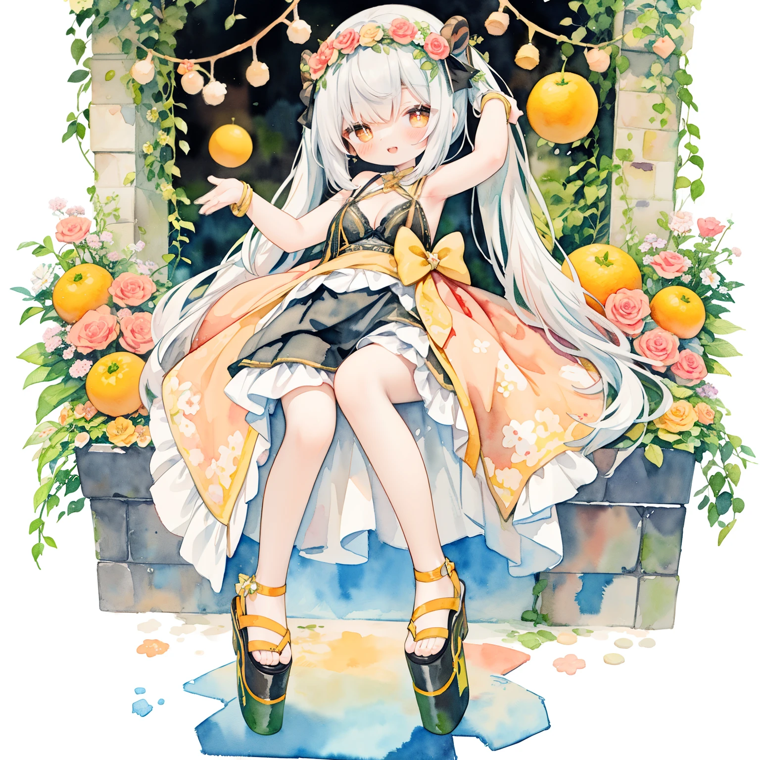 Big cleavage：1.3、((Alone：1.8))、Goat horns、Orange eye patch、Blindfold、diagonal、（1Fairyの女の子：1.8、,bun twin tail hair:1.8、Fairyの正しいスケルトンフェザーは大きい1.8）、 cross-shaped pupils,   (PastelColors:1.3)、(Cute illustration:1.3)、(watercolor:1.3)、adjusting_clothes（adjusting_bra）、whole body、turn around、Raise your arms、Lift your legs；1.8、Open your mouth、Lookback、whole body、smile、I turned around、、Dutchangle、Summer orange wreath background、Fairy、Pareo、Morning light、Orange color flower arrangement wreath background、Orange theme,Slanted Eyes、I&#39;m wearing platform sandals、It's like an idol、Naughty girl、Short pigtails、Short Twin Tails、A cheerful smile、Very Short Pigtails