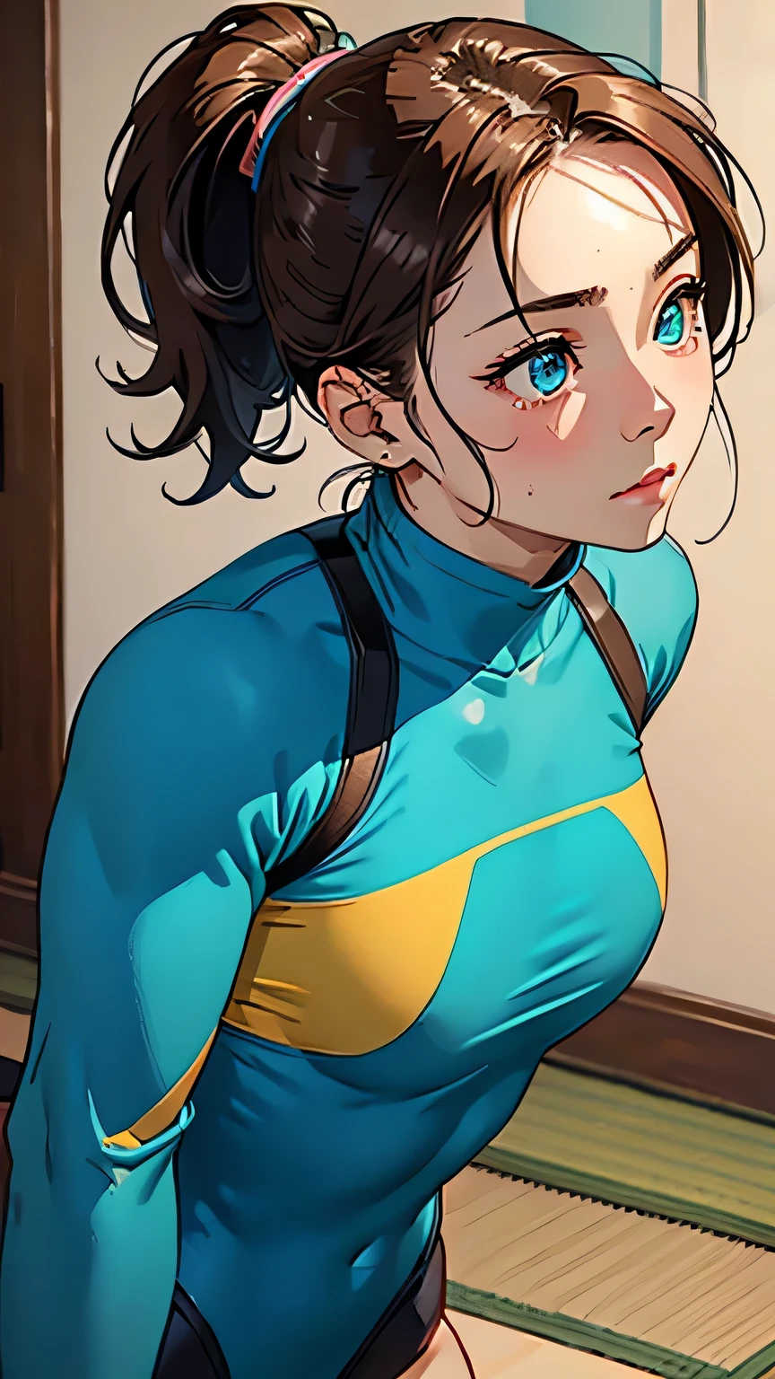 highest quality、Realistic、Women、Japanese、zoom、look up、cute、gym、Turquoise eyes、Chestnut Hair、ponytail、Bodysuits、leotard、Face close-up、Sweat、Gymnastics