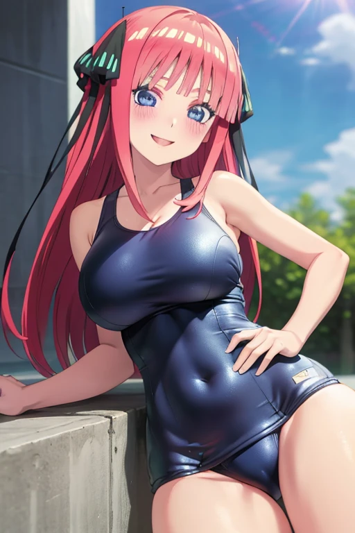 best quality, ultra-detailed masterpiece, anime art style, cute characters, nino nakano, one-piece swimsuit, large breasts, blush, smile