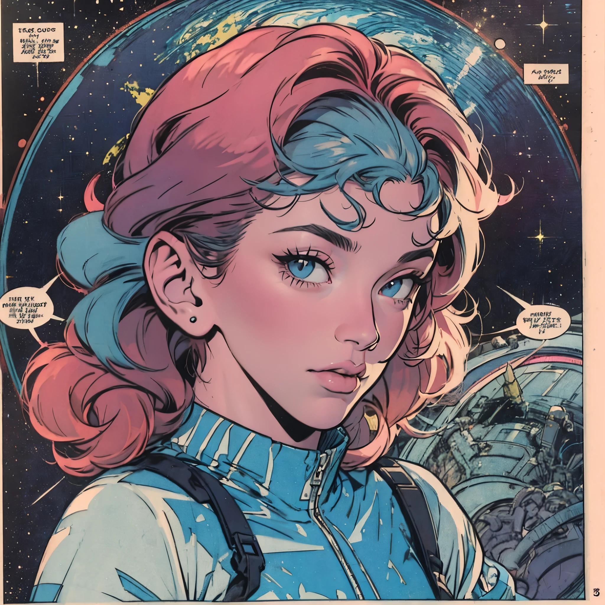 ultimate best quality,beautiful woman,speech bubble,big brest,galaxy,60s,70s,80s,colorful,cosmo,space,