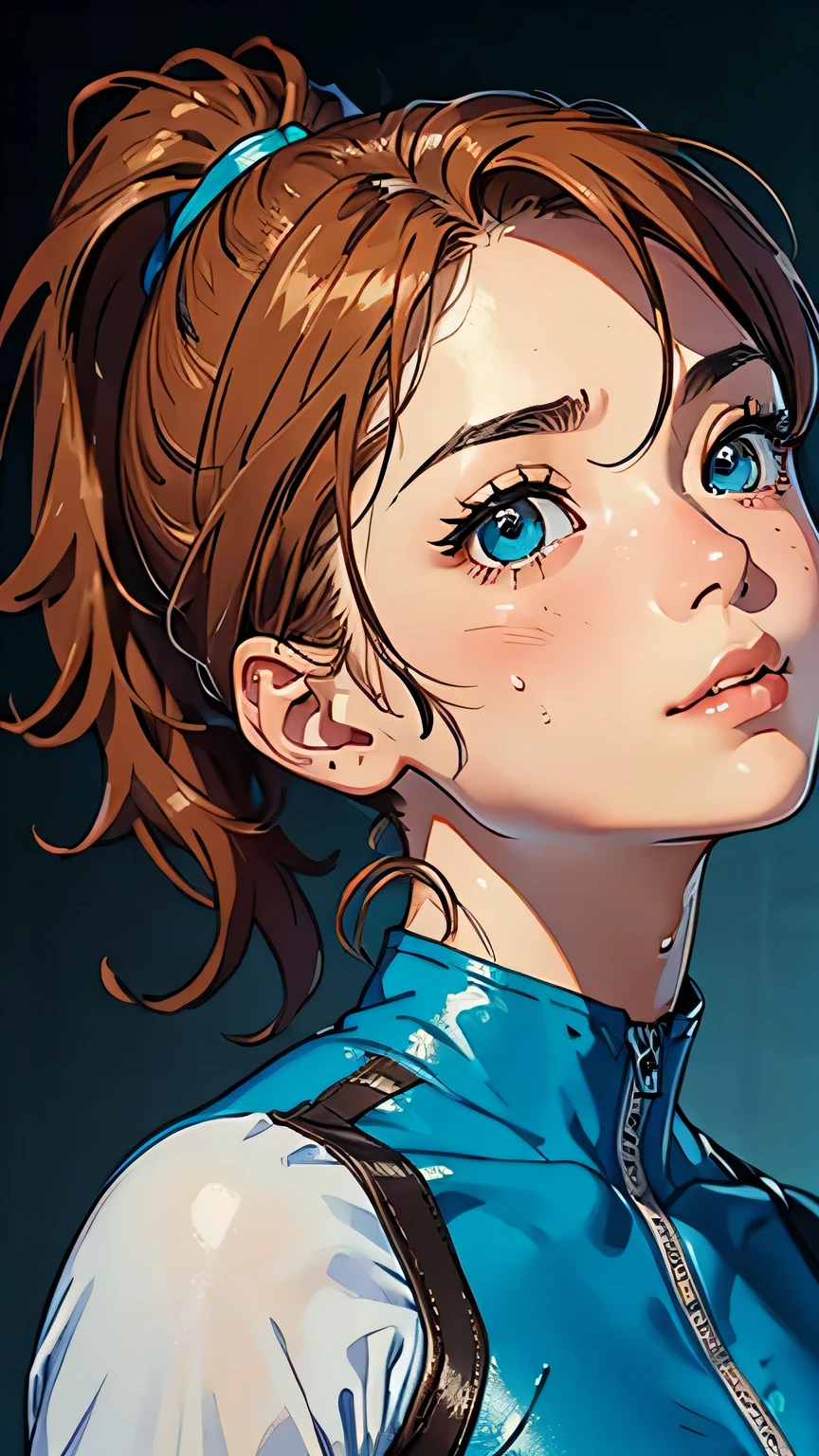 highest quality、Realistic、Women、Japanese、zoom、look up、cute、gym、Turquoise eyes、Chestnut Hair、ponytail、Bodysuits、leotard、Face close-up、Sweat、Gymnastics