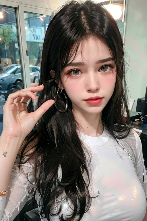 Beautiful handsome woman, ((top quality, 8k, masterpiece:1.retty woman, 1 woman, huge breasts:1.3, slender figure:1.1, elastic red long hair, (shower, wet body, wet clothes:1.1), very detailed face, detailed lips, detailed BLUE EYES, DETAILED BLUE eyes, double eyelids, Detailed blue eyes, red wet hair, wavy red wet hair, wavy red wet hair, huge earrings, middle sized breasts, Blue eyes, innocent stare at the viewer, wet red curly wavy hair, DETAILED BLUE EYES