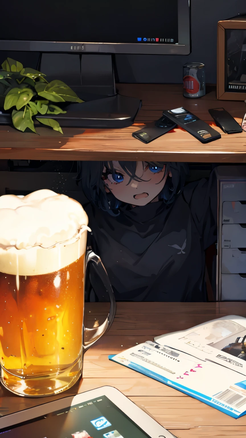 Sloppy everyday clothes,Face your desktop computer with anger,Dark Room,Empty beer cans scattered all over the place