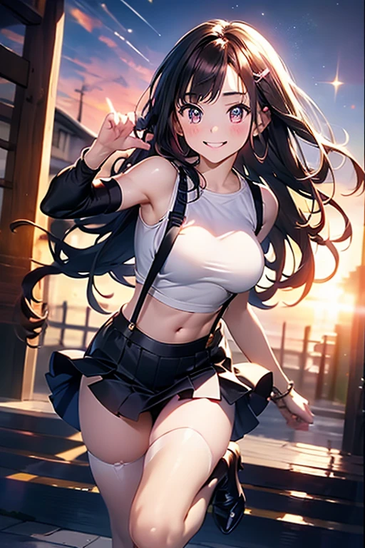 1 girl, small nose,black suspenders,Bulging big,breasts,walls: Black miniskirt,garters,Gaze,Small face,bangss,holster,Beautuful Women,hands up,leg holster,Gaze,black boots panty shot, provocation,flank,flank sweat soio,arm, pose muy sexy,(with sparkling eyes and a contagious smile), very beautiful detailed face and eyes, bright colors, cute face, delicate beautiful face, Bright magenta eyes, cute eyes, sparkling eyes, Big eyes, (big breasts:1.3), (perky chest:1.1), (pointed chest:1.0), medium hips, glamorous body, white skin, smile, thin pubric hair, shiny hair, super beautiful face, Super beautiful eyes, Super beautiful hair，trendy outfit，sexy and attractive，explosion of colors，big hairpin，full body esbian，illegal occupation, Real World, Natural light,perfect Natural light,looking at viewer, 