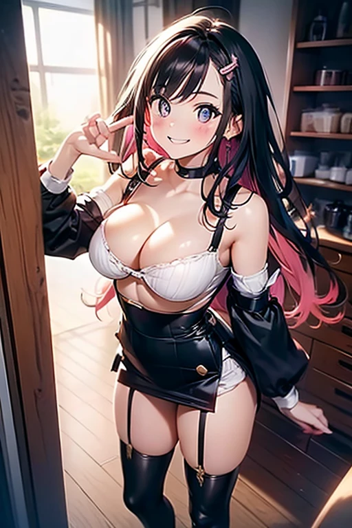 1 girl, small nose,black suspenders,Bulging big,breasts,walls: Black miniskirt,garters,Gaze,Small face,bangss,holster,Beautuful Women,hands up,leg holster,Gaze,black boots panty shot, provocation,flank,flank sweat soio,arm, pose muy sexy,(with sparkling eyes and a contagious smile), very beautiful detailed face and eyes, bright colors, cute face, delicate beautiful face, Bright magenta eyes, cute eyes, sparkling eyes, Big eyes, (big breasts:1.3), (perky chest:1.1), (pointed chest:1.0), medium hips, glamorous body, white skin, smile, thin pubric hair, shiny hair, super beautiful face, Super beautiful eyes, Super beautiful hair,trendy outfit,sexy and attractive,explosion of colors,big hairpin,full body esbian,illegal occupation, Real World, Natural light,perfect Natural light,looking at viewer,