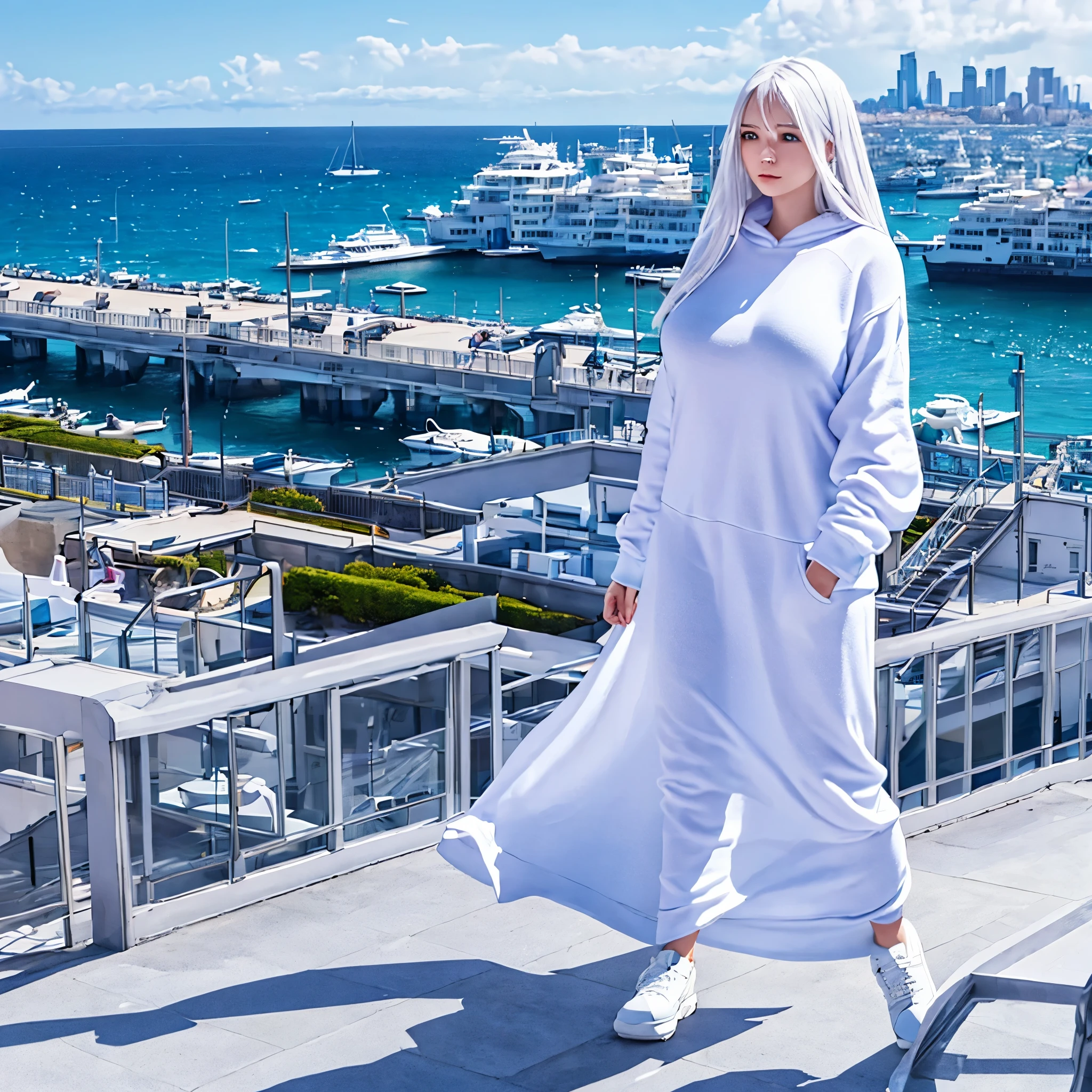 a woman wearing a long white cold sweatshirt with faint blue details, white hair with blue strands, purple eyes, walking on a platform with a view of the sea and buildings, blue sky with clouds, during the day, big breasts,,(woman solo)ultra resolution, very detailed, HDR, masterpiece, 8K hd
