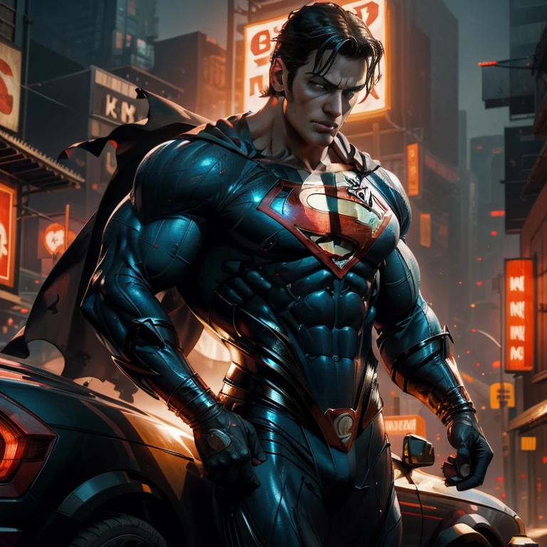 Muscle Special superman voando, Doomsday colors, Red light, Futuristic, 1/3, High detail, Ultra high quality, illusory engine, 8K,