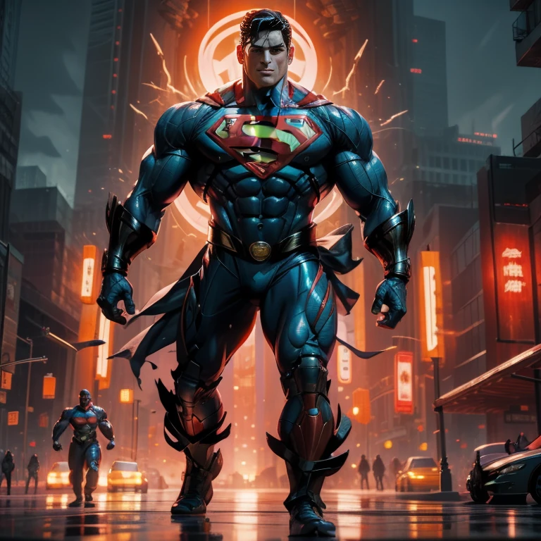 Muscle Special superman voando, Doomsday colors, Red light, Futuristic, 1/3, High detail, Ultra high quality, illusory engine, 8K,
