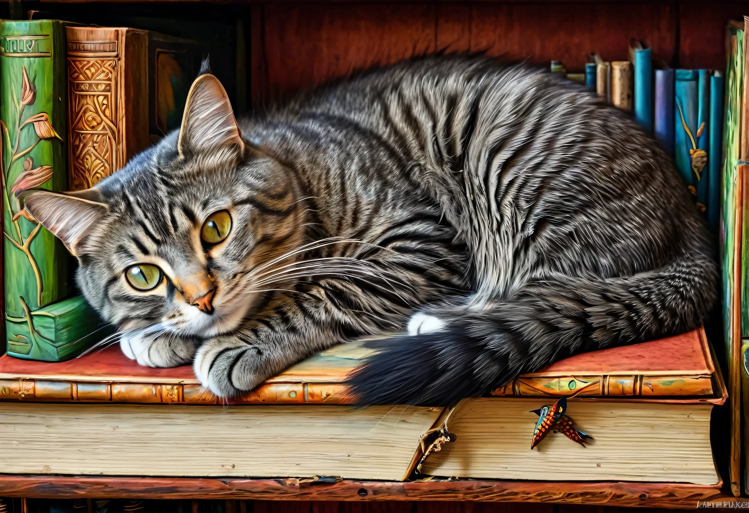 a close up of a cat laying on a Bookshelf with birds, Detailed painting by Jan Kipp, Pixabay, Maximalism, There is a book next to the cat, filled with books, There are books all over the place, Curled up in a book, Book Plunder, Lisa Parker, Library of Magic, Book Cave, Bookshelf, The art of books, Bookshelf