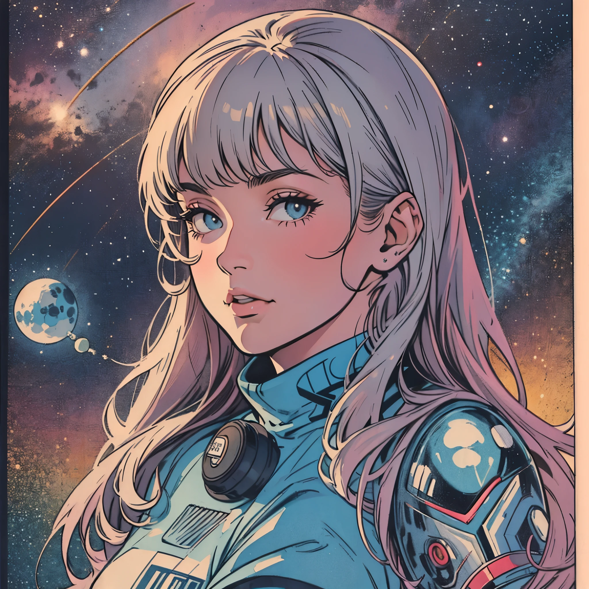 ultimate best quality,beautiful woman,speech bubble,big brest,galaxy,60s,70s,80s,colorful,cosmo,space,