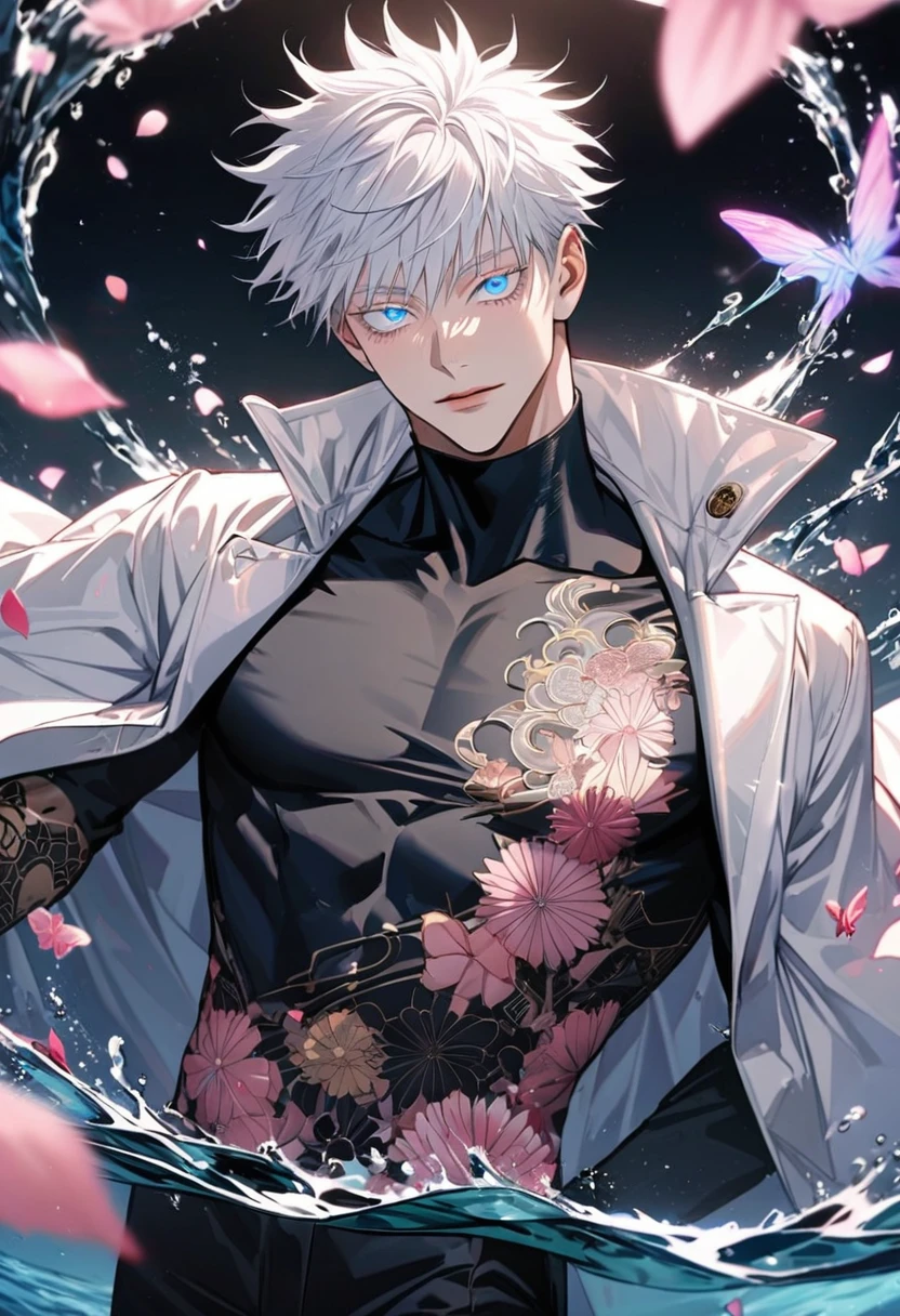 Ultra detailed, Highres, absurdres, Gojou Satoru, white hair with bangs, blue eyes, white eyelashes, white long coat with patterns, Jujutsu Kaisen, pink flowers, petals, extremely handsome, sexy man, toned chest, solo, very detailed eyes and face, black gloves, water, black pants, pink butterflies, black tight t-shirt,