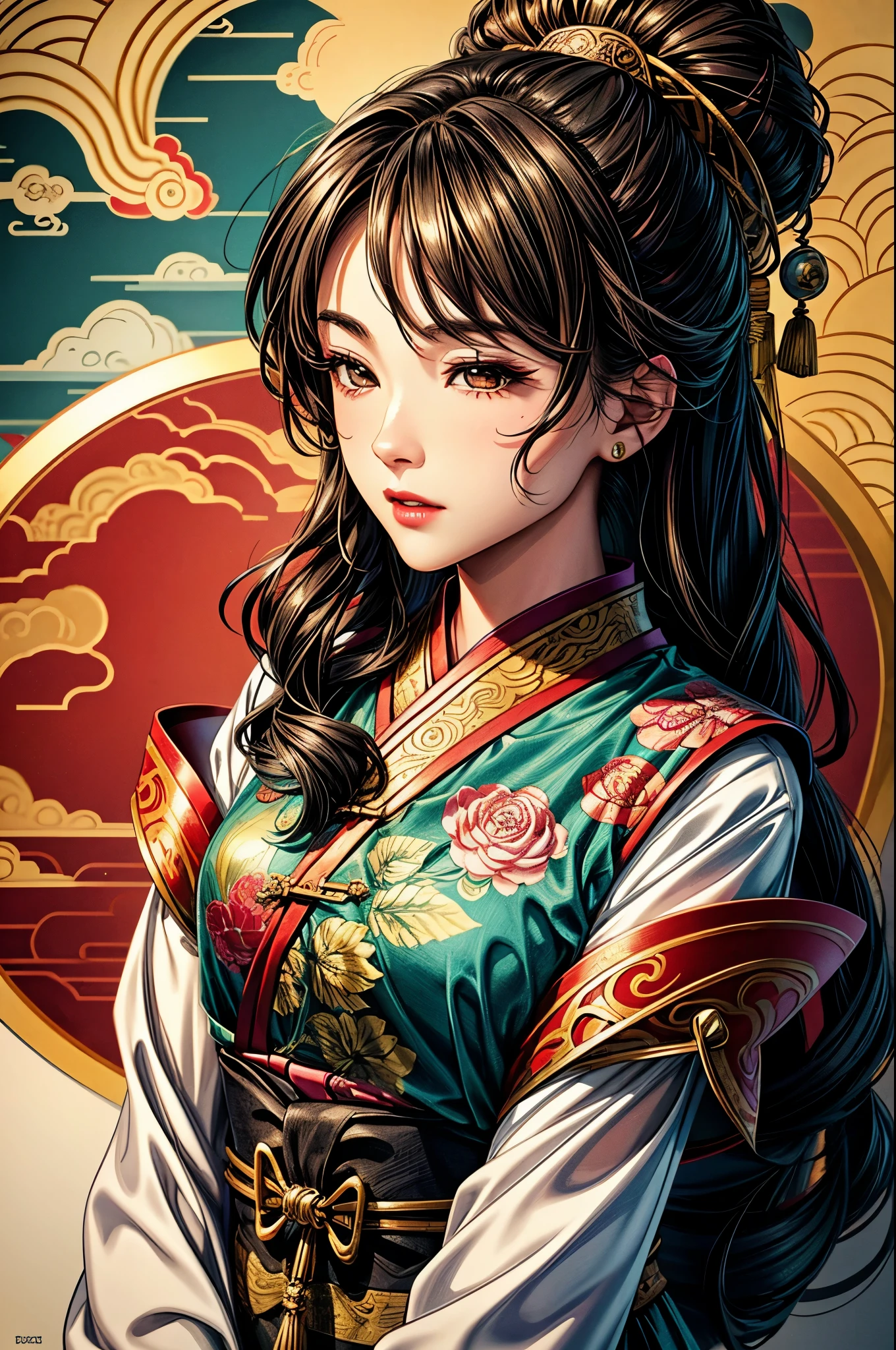 {{{{{illustration}}}}},author:Yuko Shimizu,1 Girl,Chinese dragon,Chinese Girl,female focus on, {{Colored ink drawing}},{{Ink splash}},{{Splash of Color}},{{{rich and colorful}}},{{sketch}}, masterpiece,best quality, Beautiful painting,Very detailed,