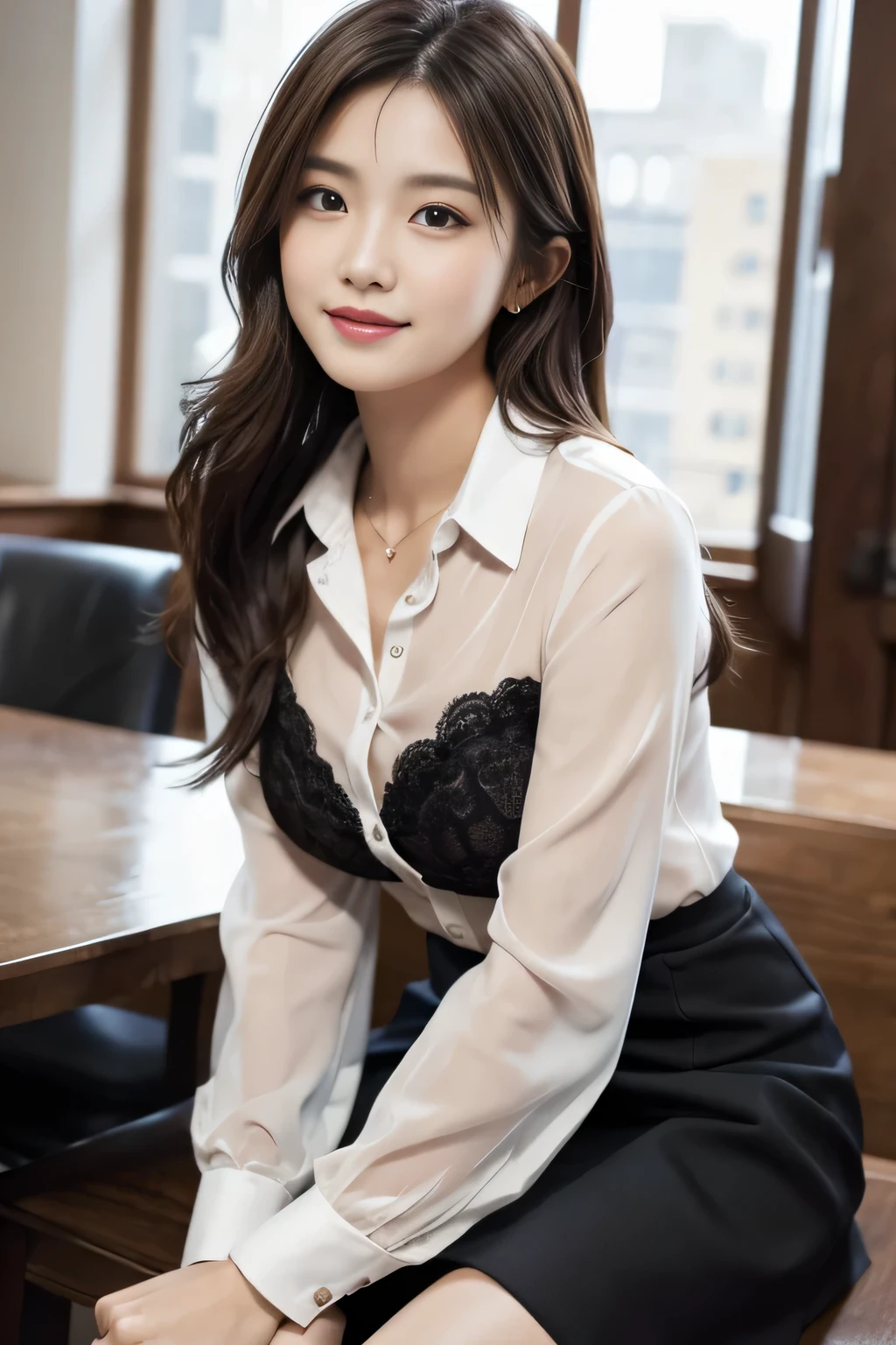 Tabletop, highest quality, Realistic, Very detailed, finely, High resolution, 8k wallpaper, One beautiful woman,, Light brown messy hair, He is wearing a black see-through dress shirt with an open collar....., Sharp focus, Perfect dynamic composition, Beautiful and detailed, Thinning hair, Detailed Realistic skin texture, smile, Close-up portrait, Model Body Type、president'secretary、mini skirt、High heels、