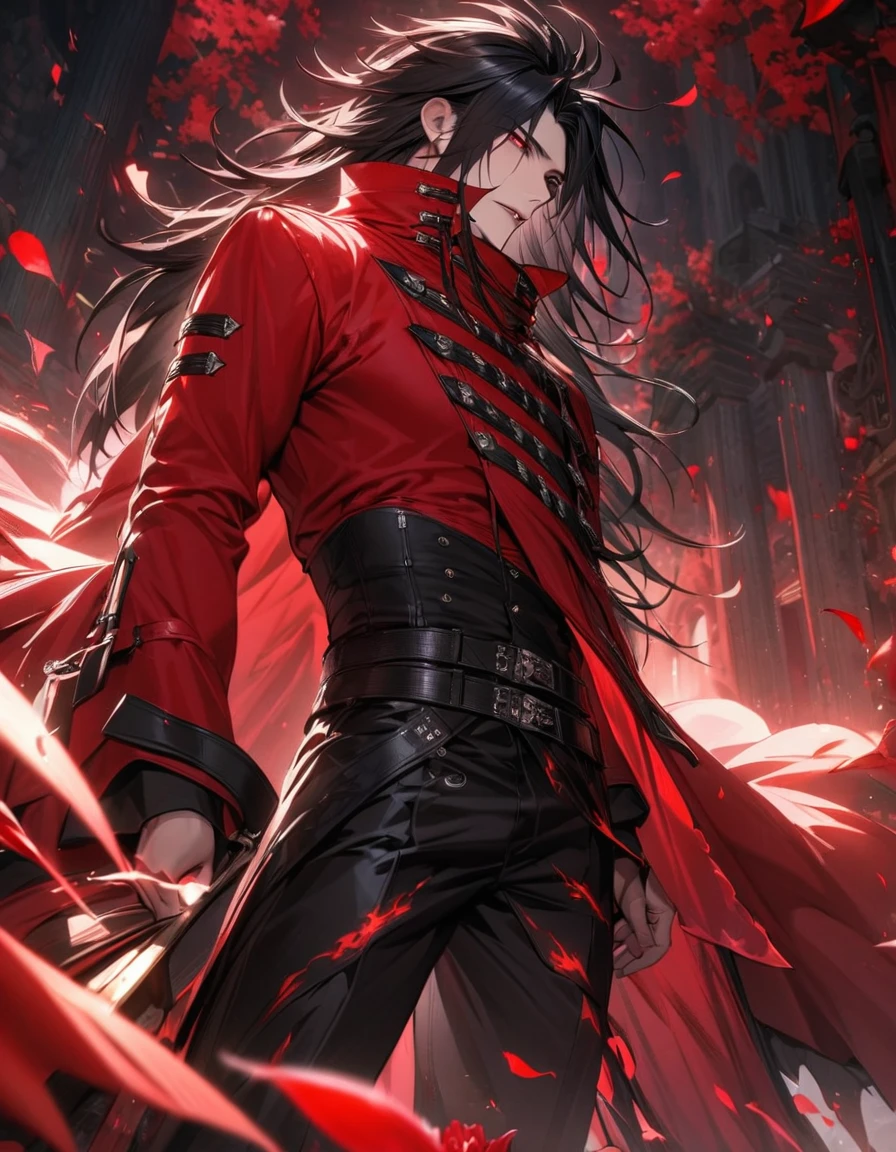absurdres, highres, ultra detailed, HDR, master piece, best quality, extremely detailed face and eyes, Vincent Valentine, long black hair, Final Fantasy Dirge Of Cerberus, expressive red eyes, solo, sexy man, handsome, black pants, flames around his body, red lilies, red petals, red blossoms