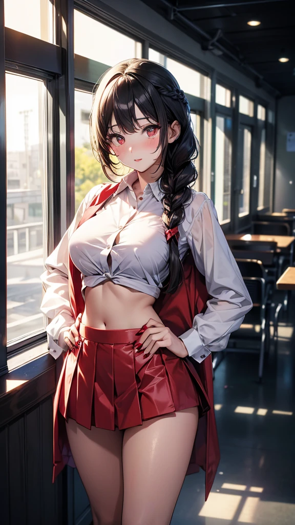 Mana: ore no imouto ga konna ni kawaii wake ga nai, 25 years old girl, gold eyes, black long french braided down to her back, red eyelinder and red lipstick and red nails, slender and well endowed breasts, wearing sexy outfit with shirt tied over navel and short mini skirt, standing in a school hallway, hands on hips, upskirt